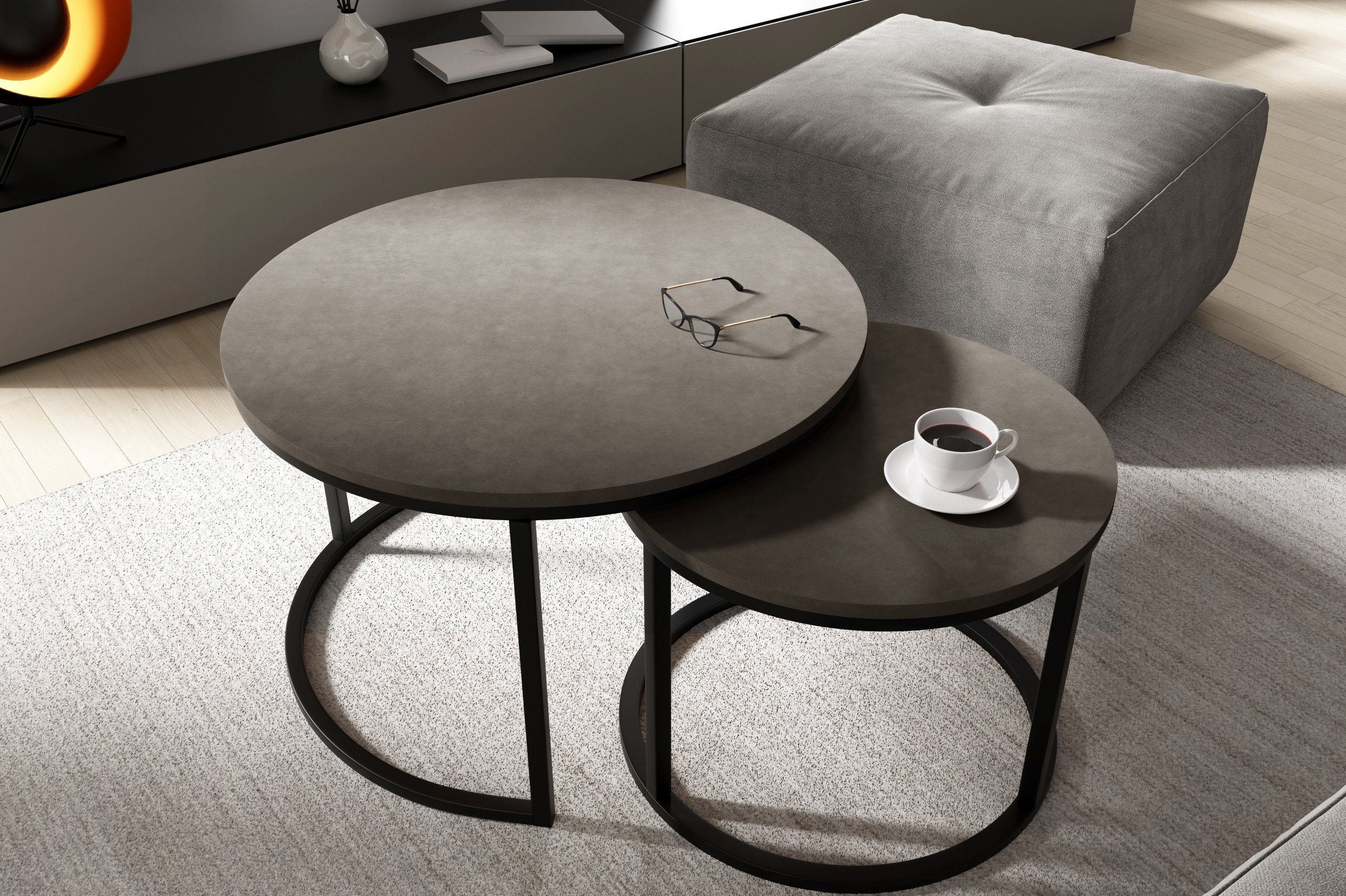 Polini Home Couchtisch Tisch hitzebeständige, 2-St), und 58cm 75cm kratzfeste dunkelgrau/schwarz Rund Tischplatte, DOKKUM Couchtisch-Set und (Set, Laminierte stoß- 2-teilig