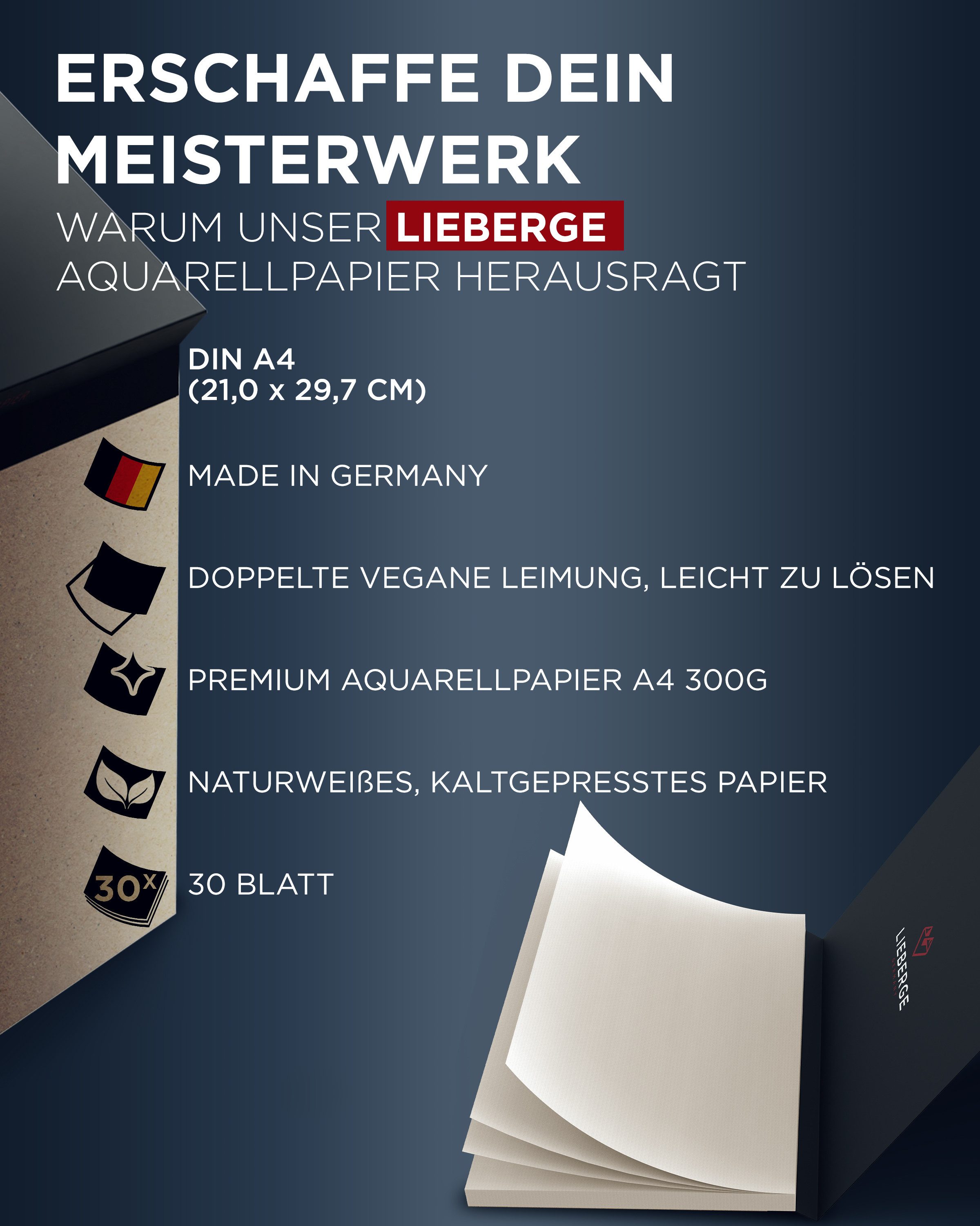 LIEBERGE Aquarellpapier Premium A4 300g – made in Germany – 30 Blatt verleimt, 300g/m², grobes Feinkorn, verleimt, für Anfänger, für Fortgeschrittene