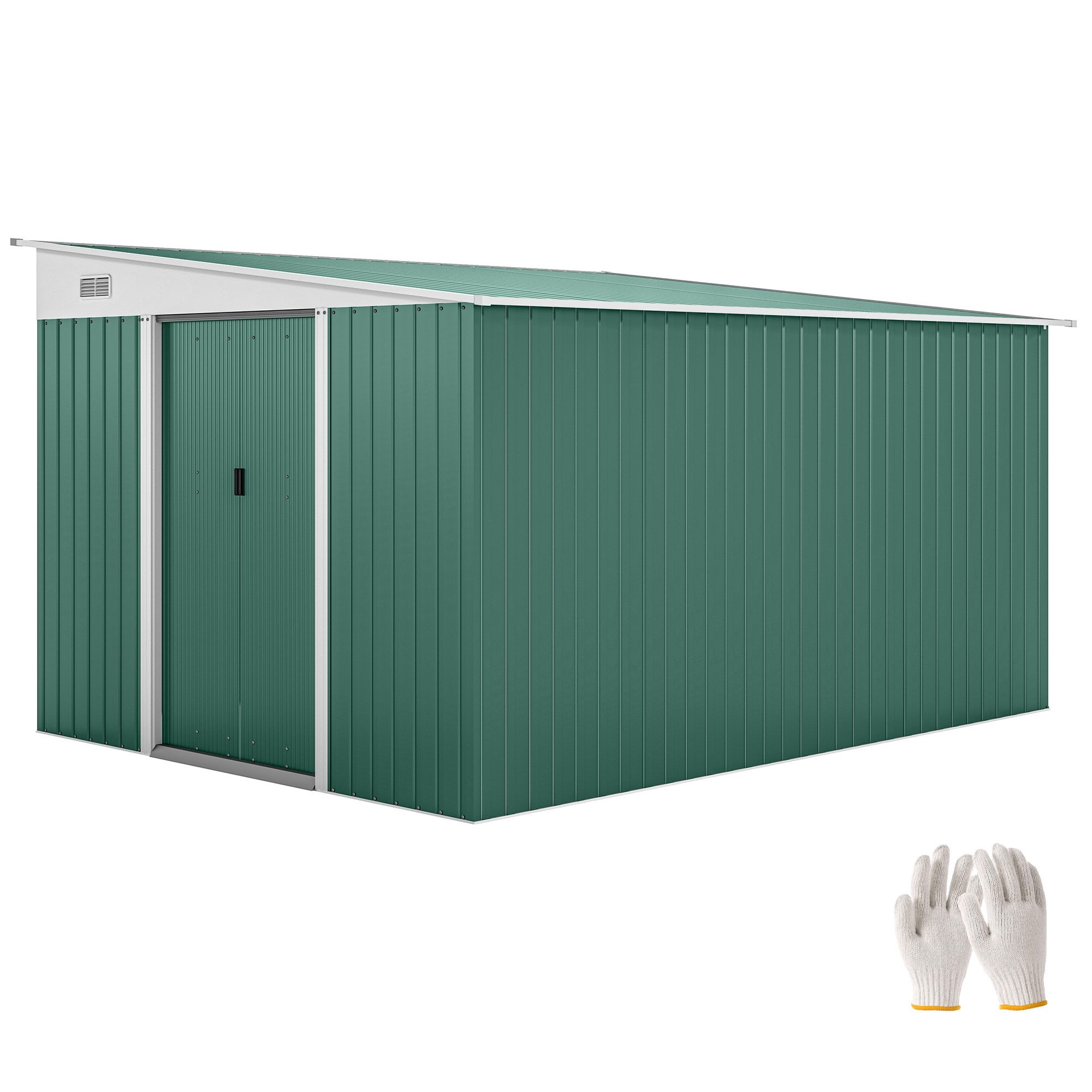 MC Star Gerätehaus Metall-Geräteschuppen Schrägdach verriegelbare Doppeltür, (2,8 x 3,45 x 2,01m Grün)