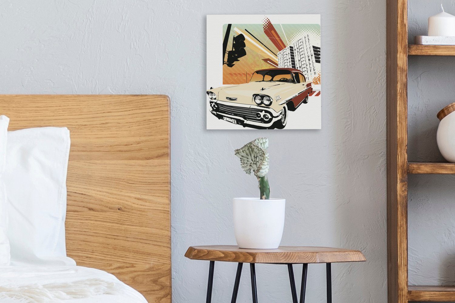 OneMillionCanvasses® Leinwandbild Illustration eines Oldtimers Wohnzimmer in Stadt, Bilder St), Schlafzimmer (1 für einer Leinwand