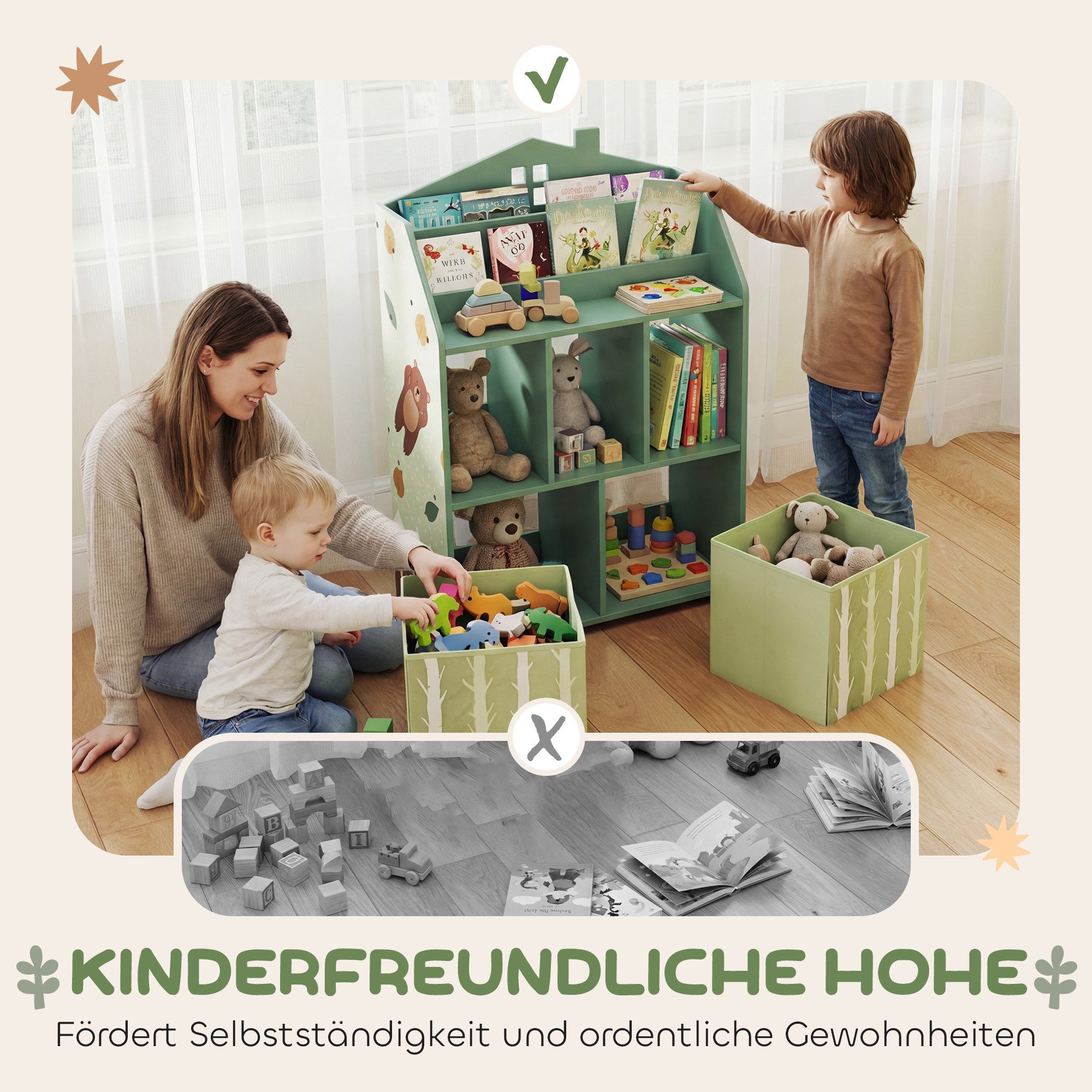 AIYAPLAY Kinderregal Spielzeugregal Kinderzimmerregal mit 2 Stoffschubladen offen, Bücherregal Kinder 1-tlg., für 3-8 Jahre für Spielzeug Bücher 62,5x30x91,5 cm – Bild 5 von 5