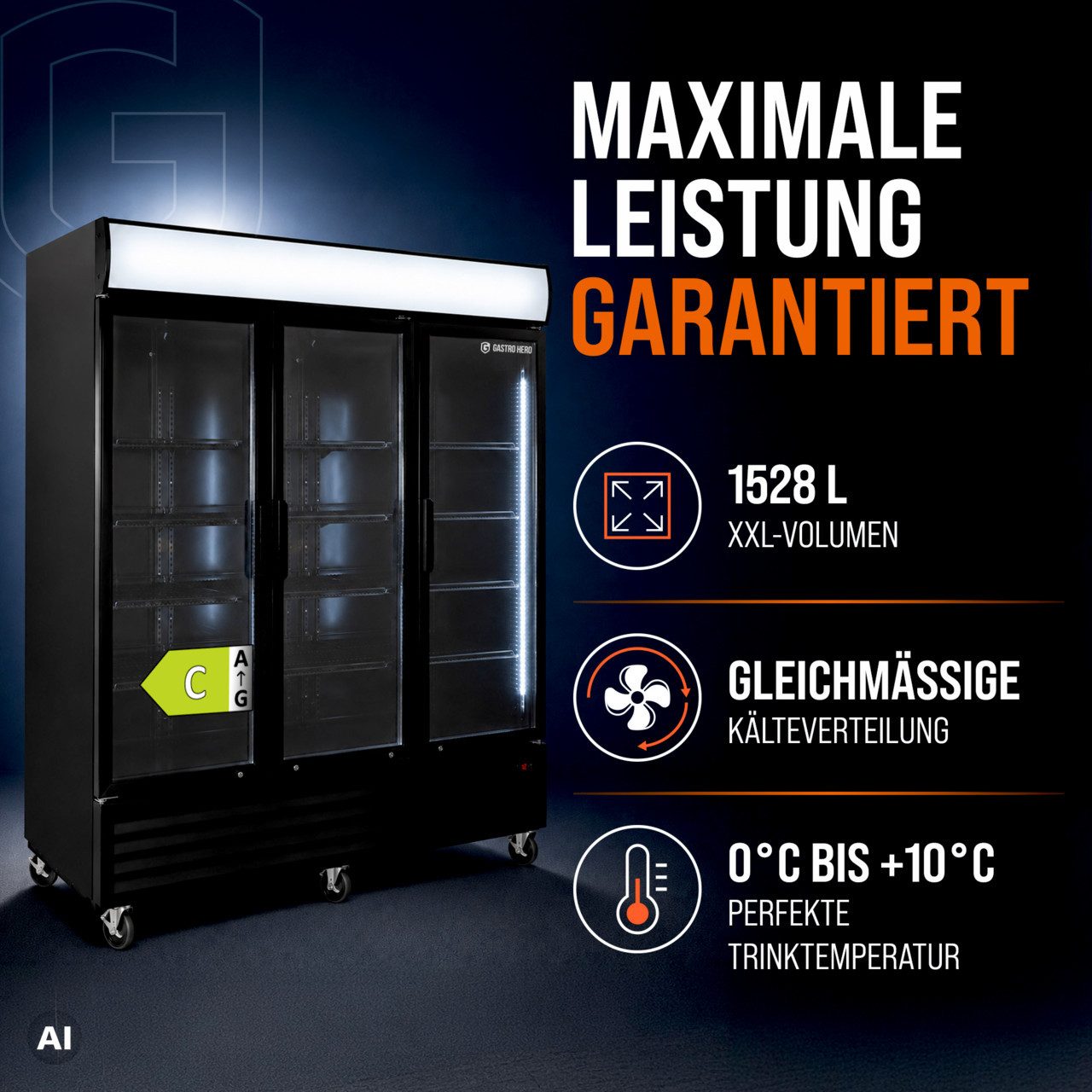 GastroHero Getränkekühlschrank Getränkekühlschrank 1500 mit Klapptüren, schwarz, LED, Leuchtaufsa GKS-1500KT, 213.5 cm hoch, 171 cm breit