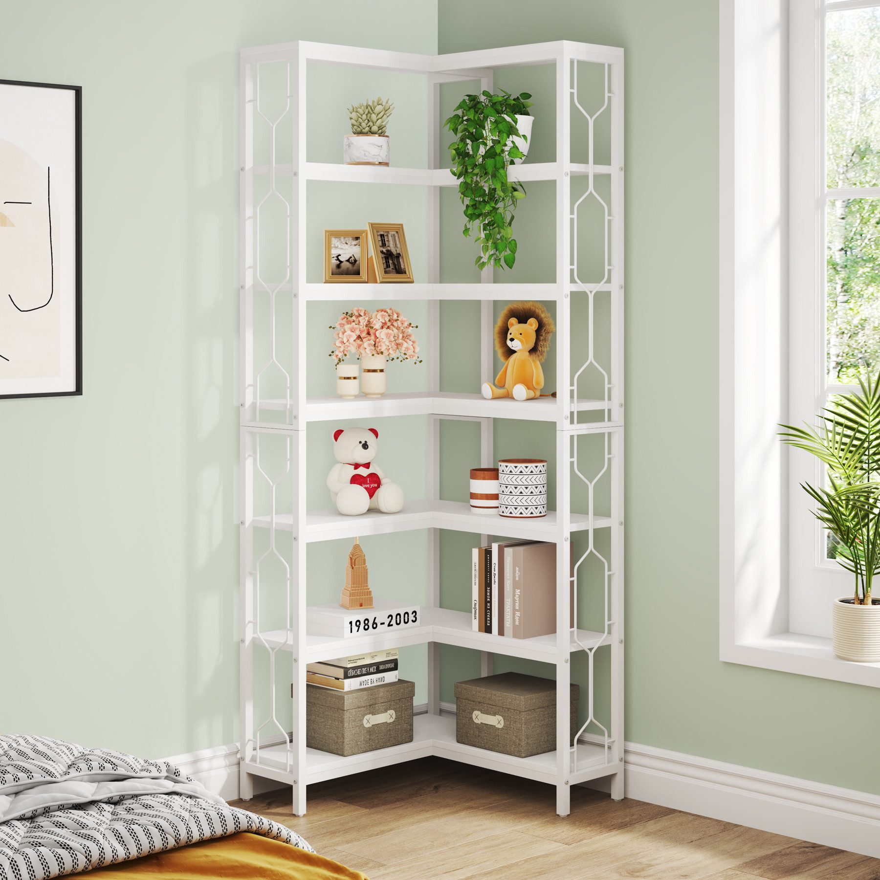 Tribesigns Bücherregal Eck-Bücherregal, 7-stöckiges Industrielles Eckregal, Freistehendes Lagerregal für Wohnzimmer, Küche, Home Office