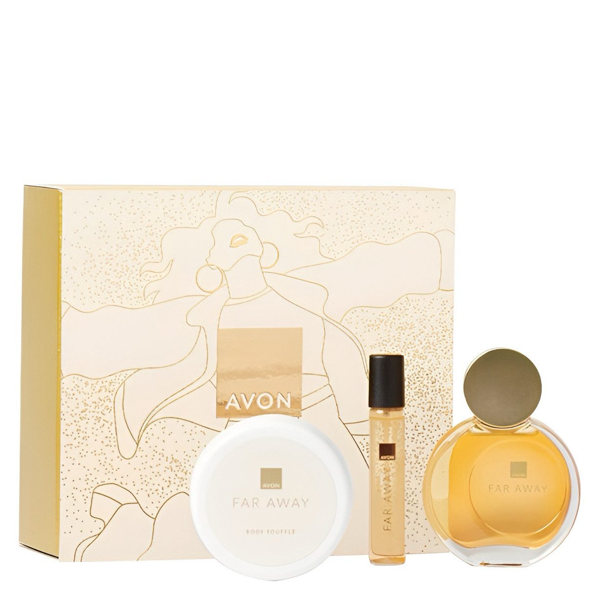 AVON Cosmetics Eau de Parfum Far Away 50ml Geschenkset, Taschenspray, Körpermousse für Damen, 3-tlg., Limitierte Edition mit verführerischen orientalischen Noten
