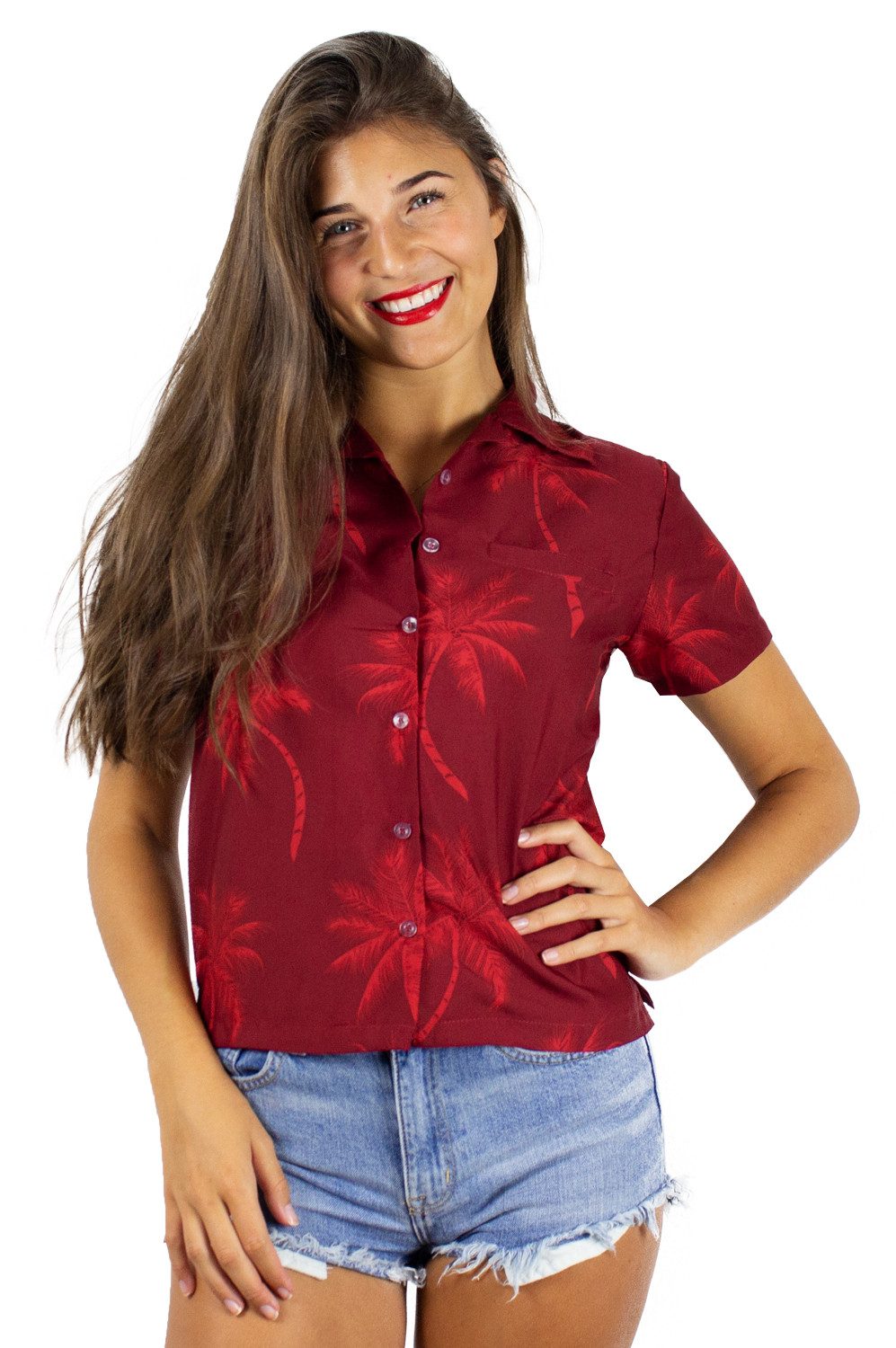 King Kameha Hawaiihemd Palmshadow Funky Hawaiibluse Damen Kurzarm Front-Tasche Stylish