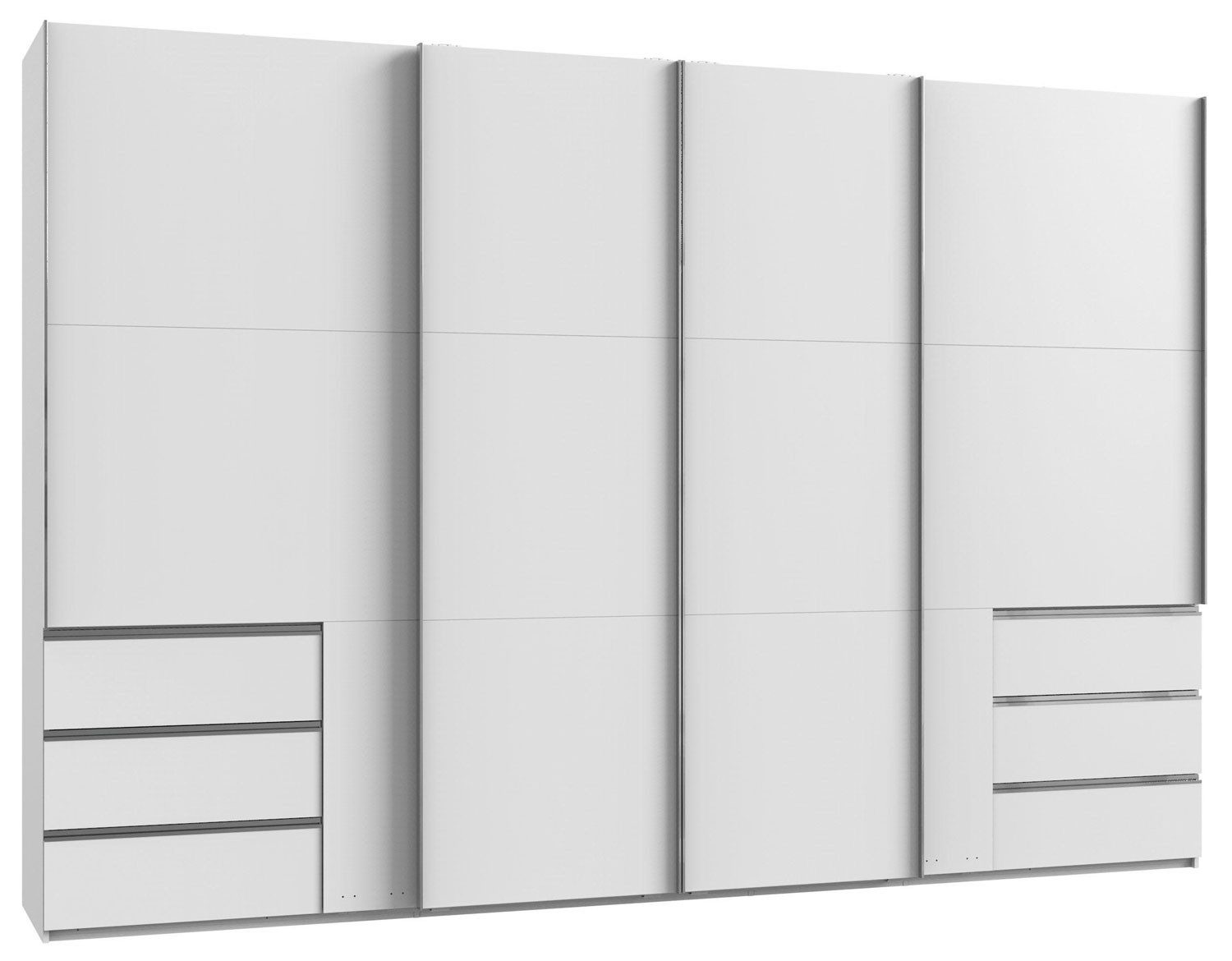 Wimex Schwebetürenschrank Level (mit Schwebetüren, Schubladen, Kleiderstange, Einlegeböden, 1-St., moderne Optik, chromfarbene Griffleiste aus Metall) 350x65x236cm weiß mit Schubladen