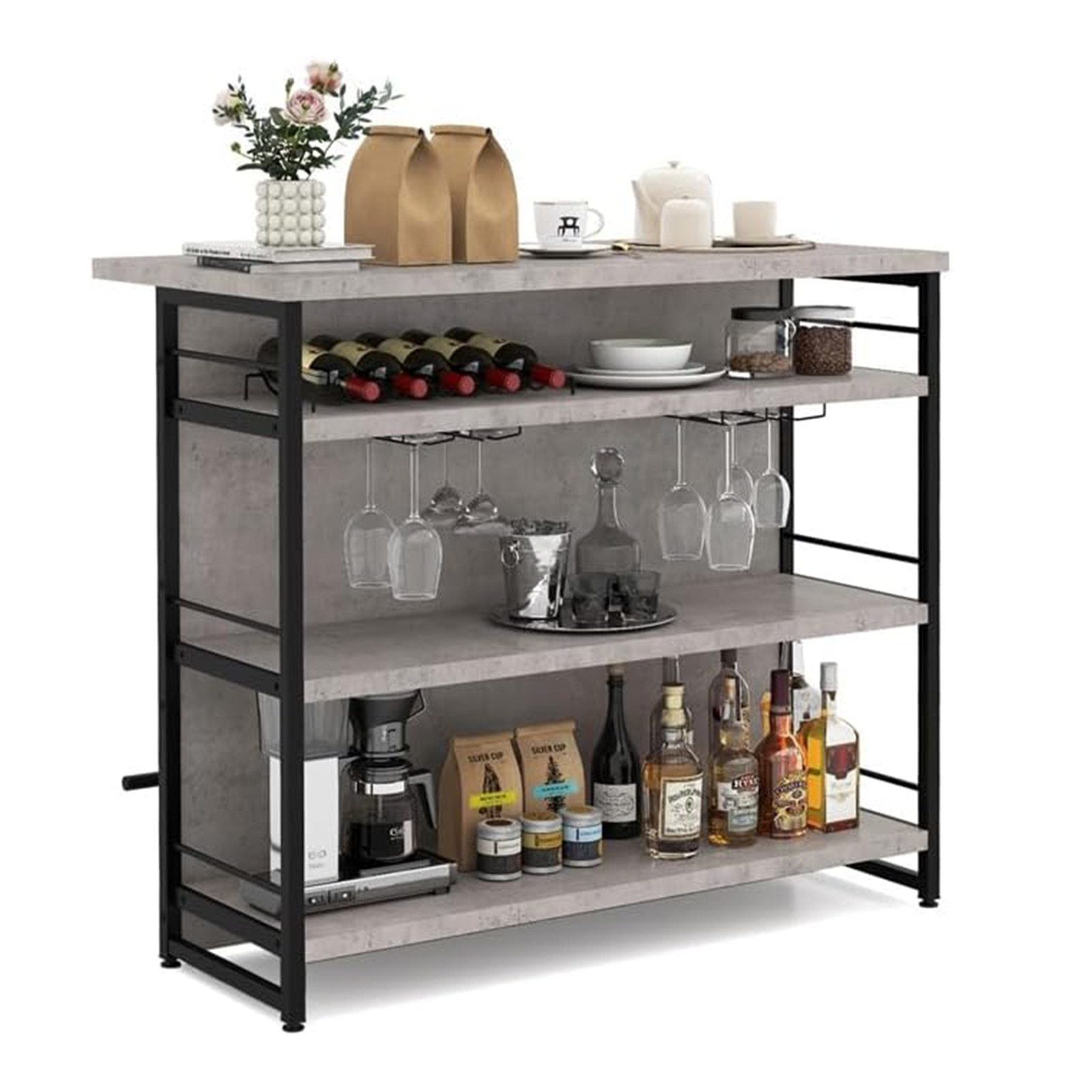 COSTWAY Bartisch Küche mit Stauraum, Küchenregal stehend mit Weinregal & Gläserhalter