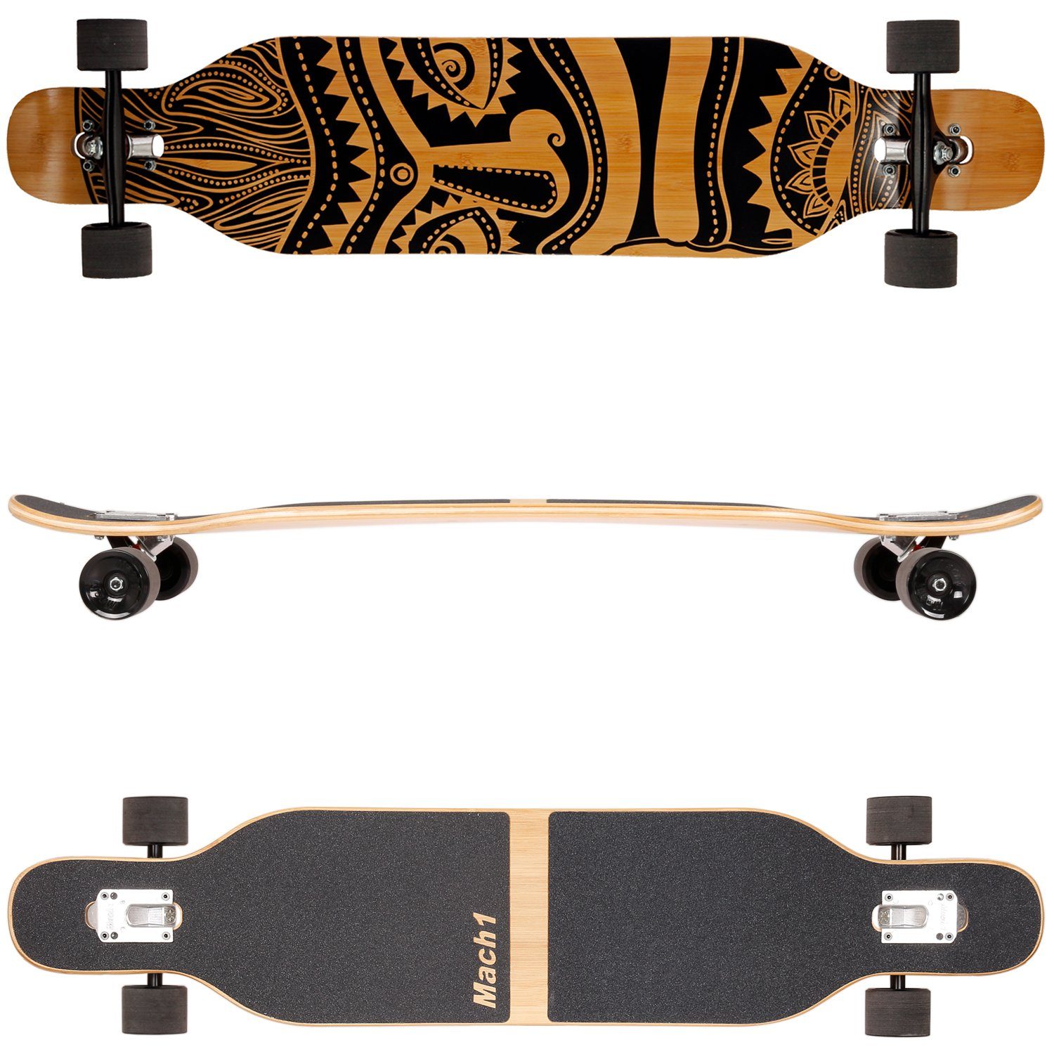 Mach1 Longboard aus Bambus mit Keramik Kugellager - Camber Drop Through Cruiser Board (Spar-Set inkl. T-Tool und extra Bushings, Longboard + T-Tool + 4er Set 85A Bushings), Twin Tip