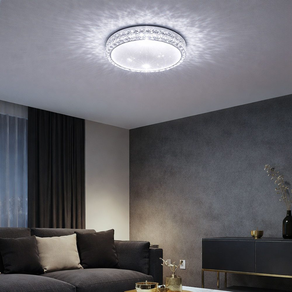 GLOBO LIGHTING LED Deckenleuchte, LED-Leuchtmittel fest verbaut, Kaltweiß, Warmweiß, Neutralweiß, Tageslichtweiß, Farbwechsel, LED Deckenleuchte Sterneneffekt Kristalle Tageslichtlampe CCT rund