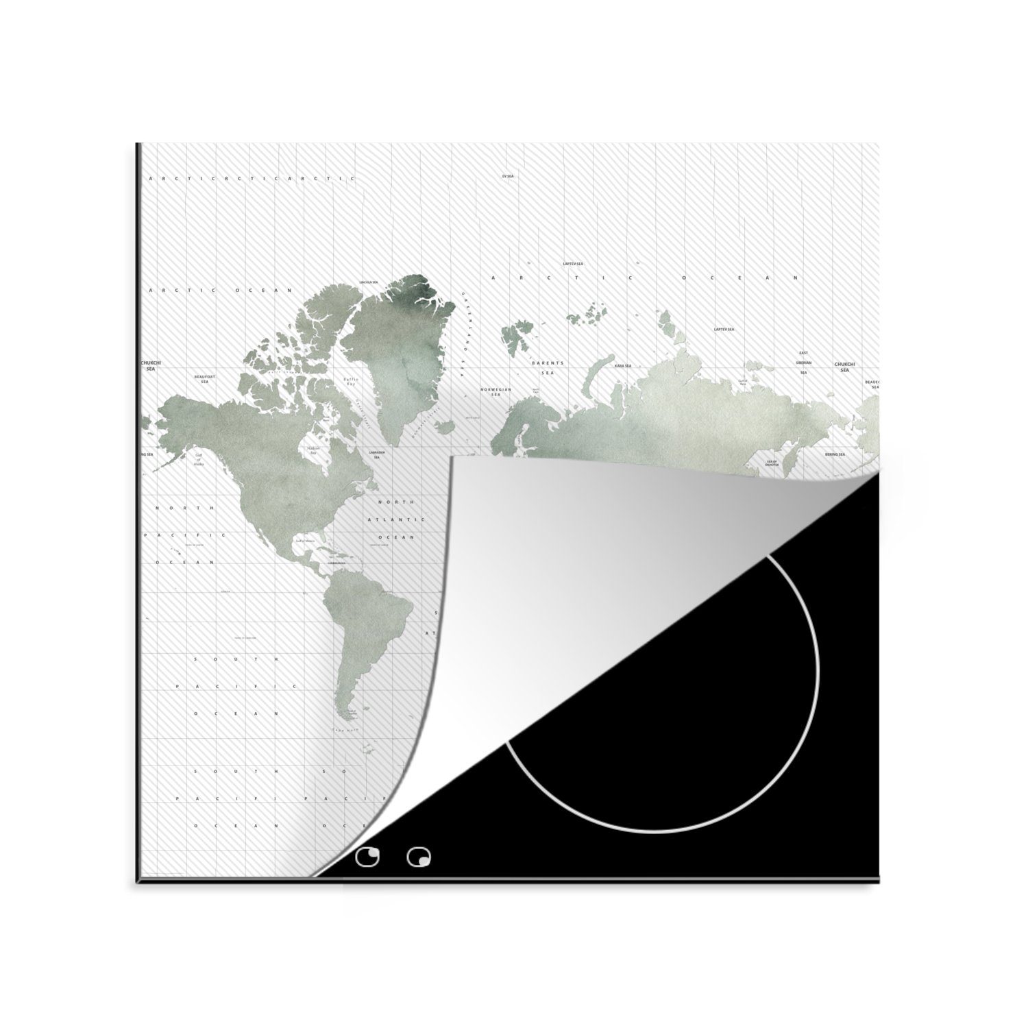 tlg), küche - Weltkarte - für Grau (1 Herdblende-/Abdeckplatte Ceranfeldabdeckung, Arbeitsplatte cm, Aquarell, Vinyl, 78x78 MuchoWow