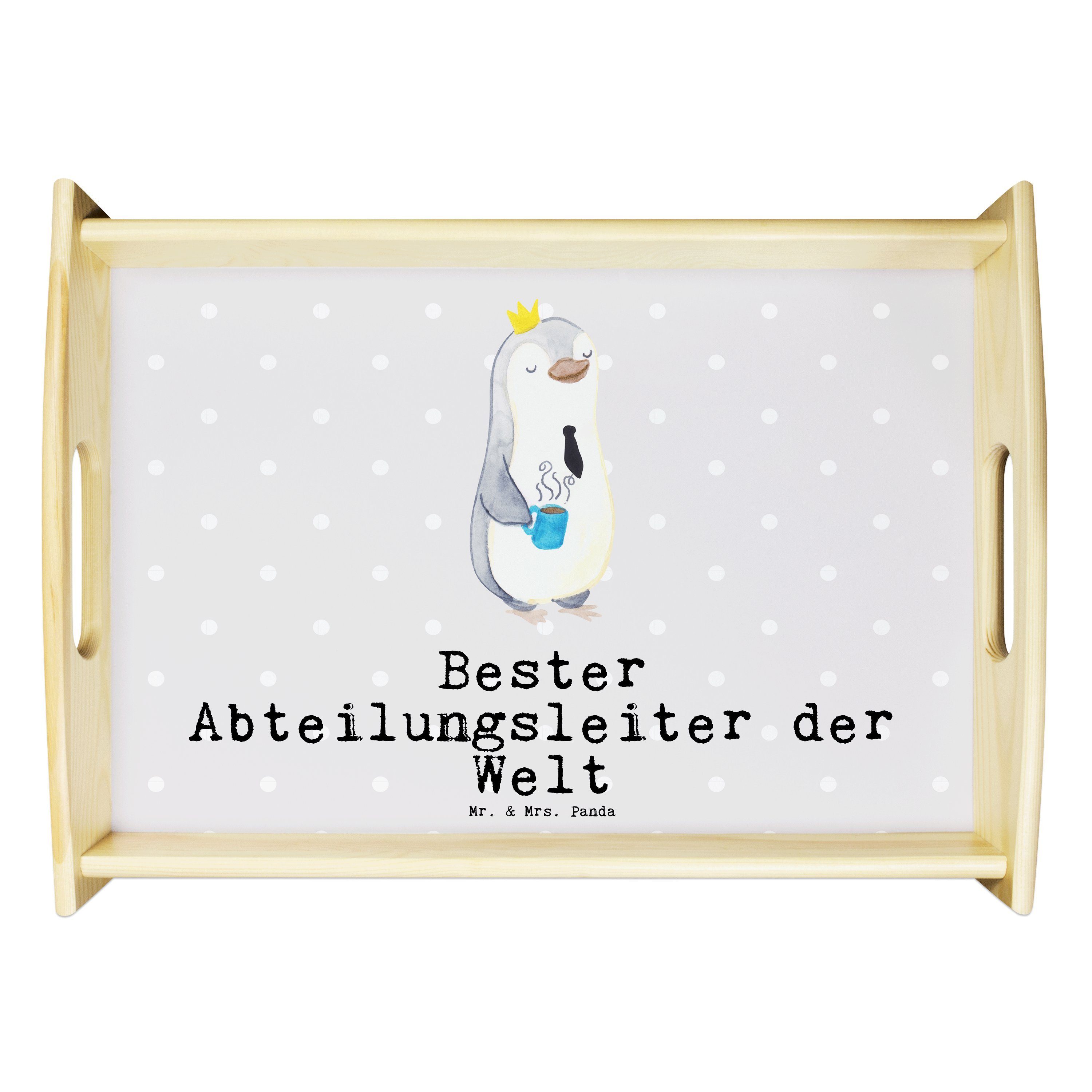 Mr. & Mrs. Panda Tablett Pinguin Bester Abteilungsleiter der Welt - Grau Pastell - Geschenk, G, Echtholz lasiert, (1-tlg)