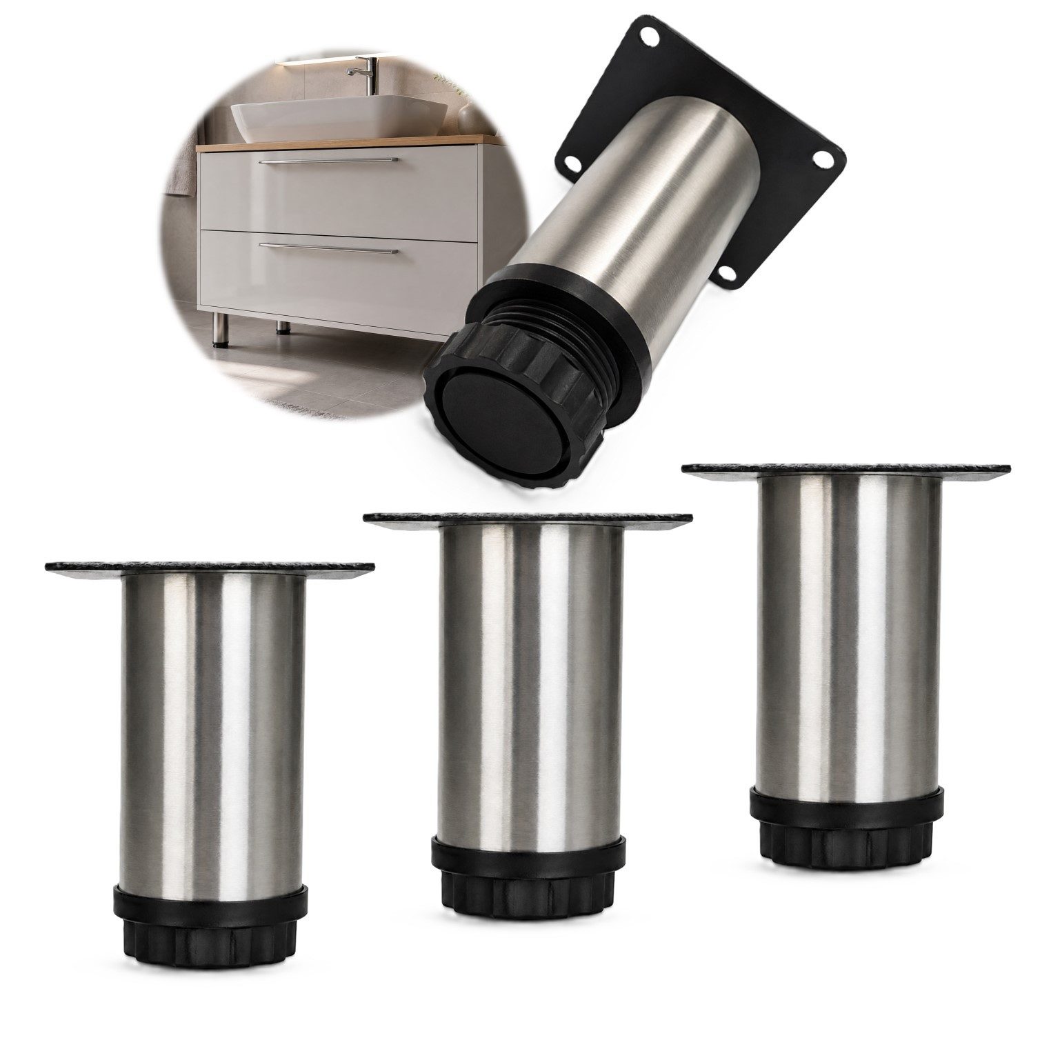 HOOZ Möbelfuß Edelstahl 80mm Standfuß rund höhenverstellbar 4er Set gebürstet, (Set, 4-St., 4er-Set Möbelbeine), Höhenverstellbar bis 15 mm mit integriertem Bodenschutz