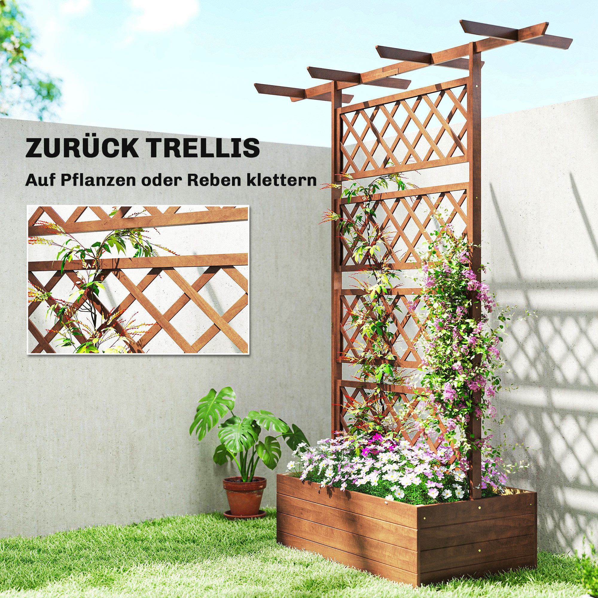 Outsunny Hochbeet Rankengitter Holz mit Dach, Pflanzbeet für Kletterpflanzen (Frühbeet, 1 St., Gartenbeet), für Garten, Balkon, 160 x 55 x 183 cm Orange – Bild 4 von 5