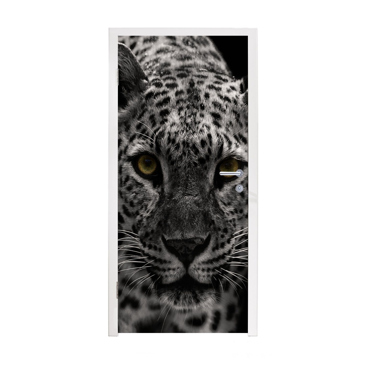 MuchoWow Türtapete Schwarz-Weiß-Foto Tür, (1 Türaufkleber, für Leoparden, eines St), cm Fototapete Matt, 75x205 farbigen bedruckt