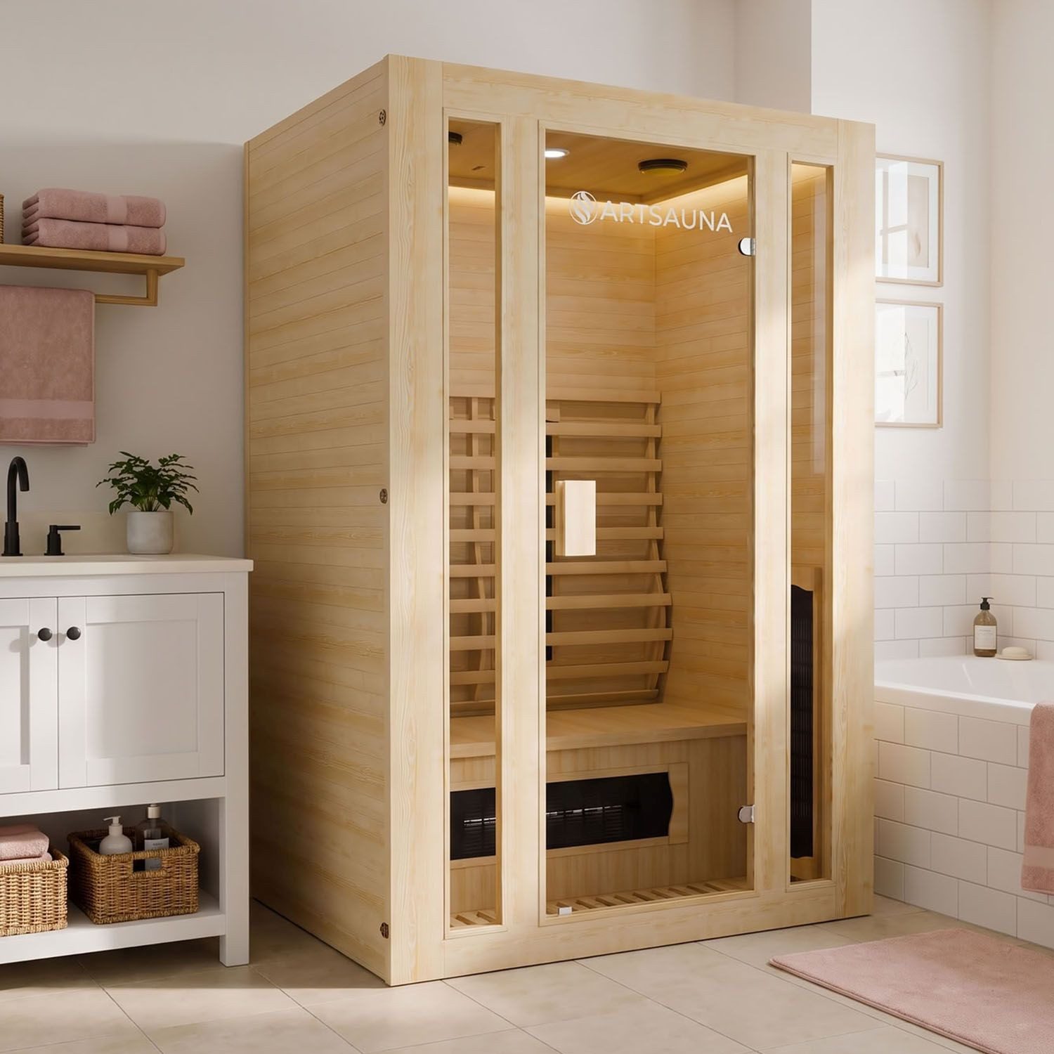 Artsauna Infrarotkabine Nyborg S120K Dual Technologie, für 2 Personen, Hemlock-Holz, HiFi-System, Ionisator, LED-Farblicht