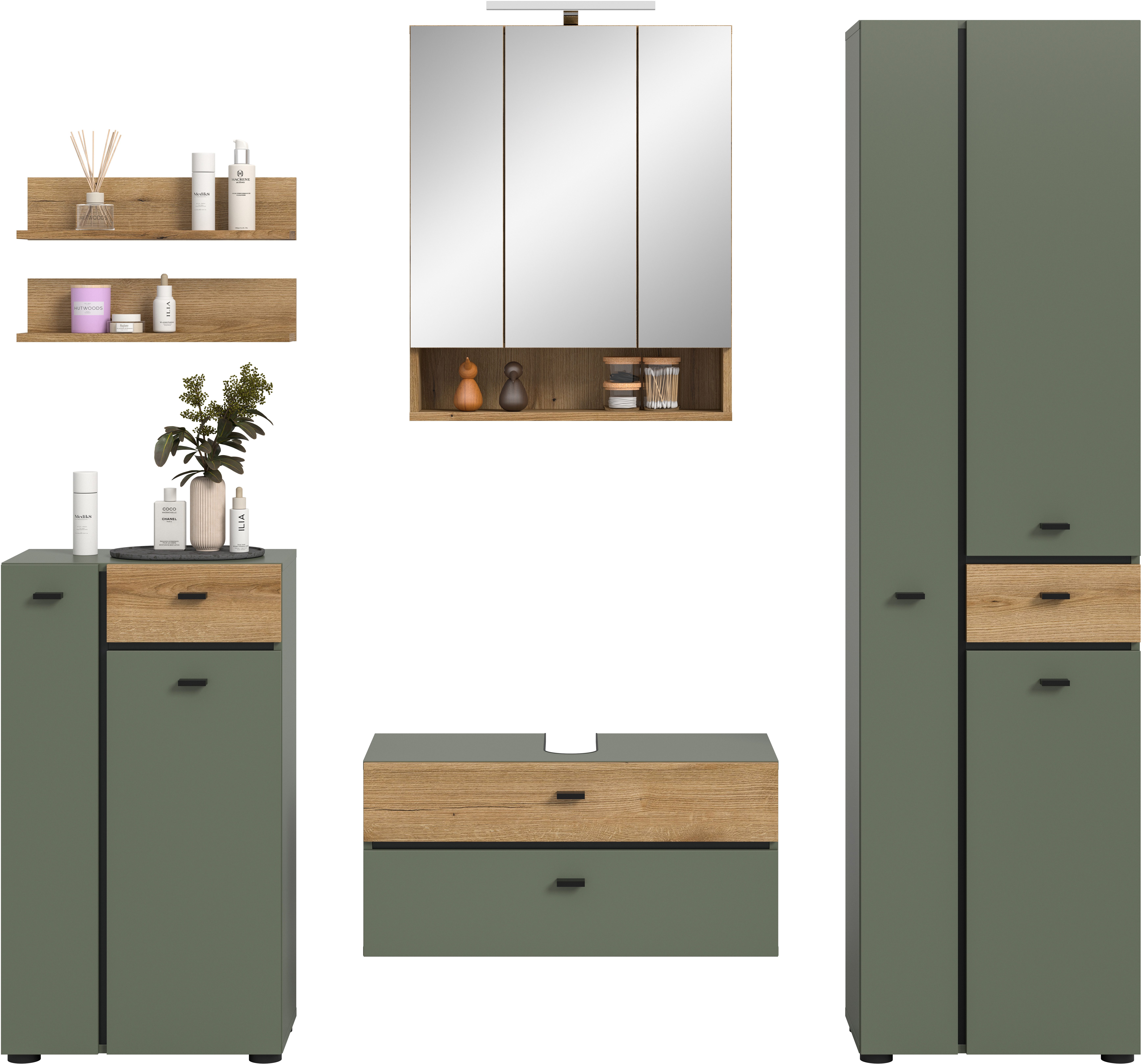 welltime Badmöbel-Set VANN, 6-teilige moderne Badkombination, inkl. Beleuchtung, (6-St., Midischrank, 2er Set Wandregal, WBU, Spiegelschrank, Hochschrank), Bad-Kombination, Bad-Möbel, Badezimmer, Kombination, Kombi, Bad-Set