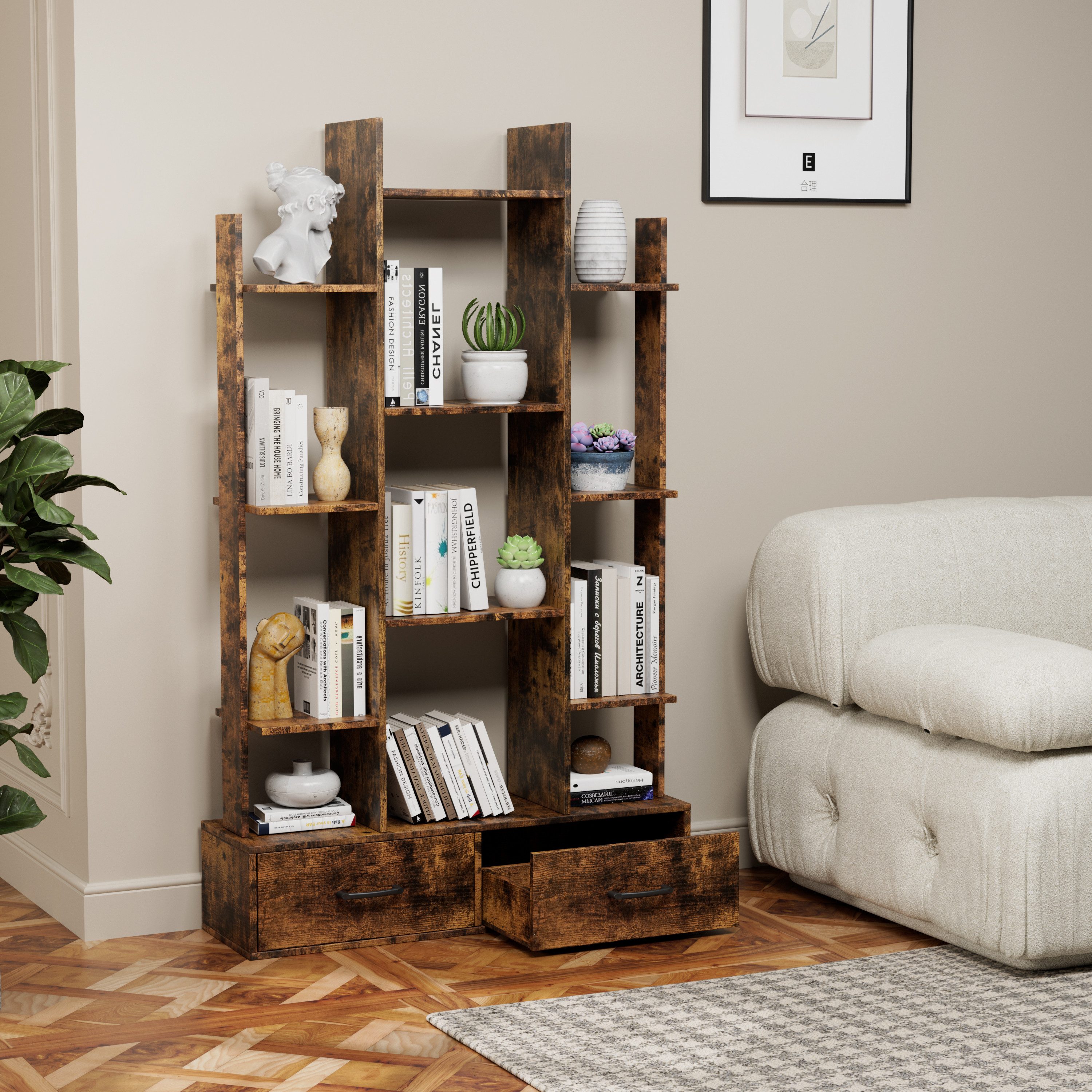 Odikalo Bücherregal Regal Standregal mit Stauraum & Schubladen, mit 2 Schubladen industrielles freistehendes offenes Ausstellungsregal offenes Vintage-Bücherregal 12 Lagerregale Bücherregal für Schlafzimmer Wohnzimmer Heimbüro rustikales Braun, 33.9 x 9.9 x 55.3 cm