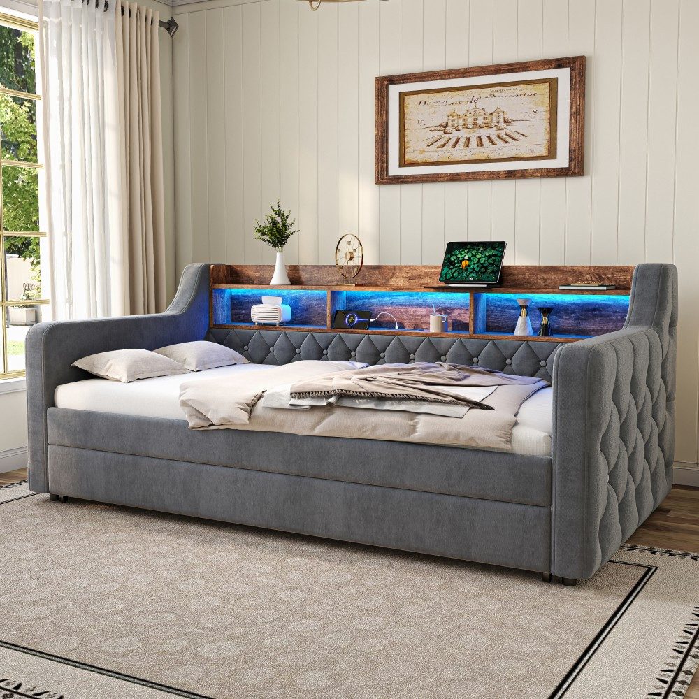TavilaEcon Schlafsofa Platzsparendes Sofa-Bett aus Samt mit Ausziehbett, 1 Teile, mit LED-Beleuchtung, integriertem Regal und USB-C-Anschluss – Bild 2 von 5