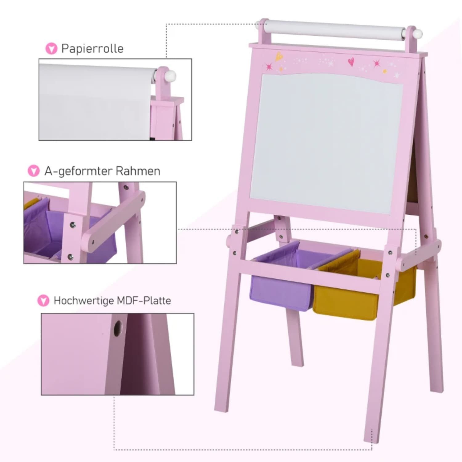 autolock Standtafel Kindertafel,3 in 1 Kunstausruestung,Staffelei für Kinder Rosa