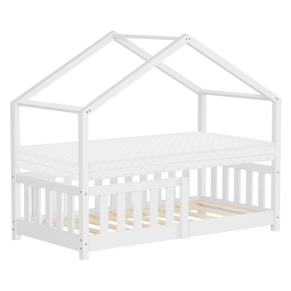 ML-DESIGN Spielbett Hausbett Kinderbett inkl. Lattenrost & Rausfallschutz Kinder Bodenbett, Abenteuerbett 70x140cm mit Matratze Himmelbett Kiefer Jugendbett Weiß