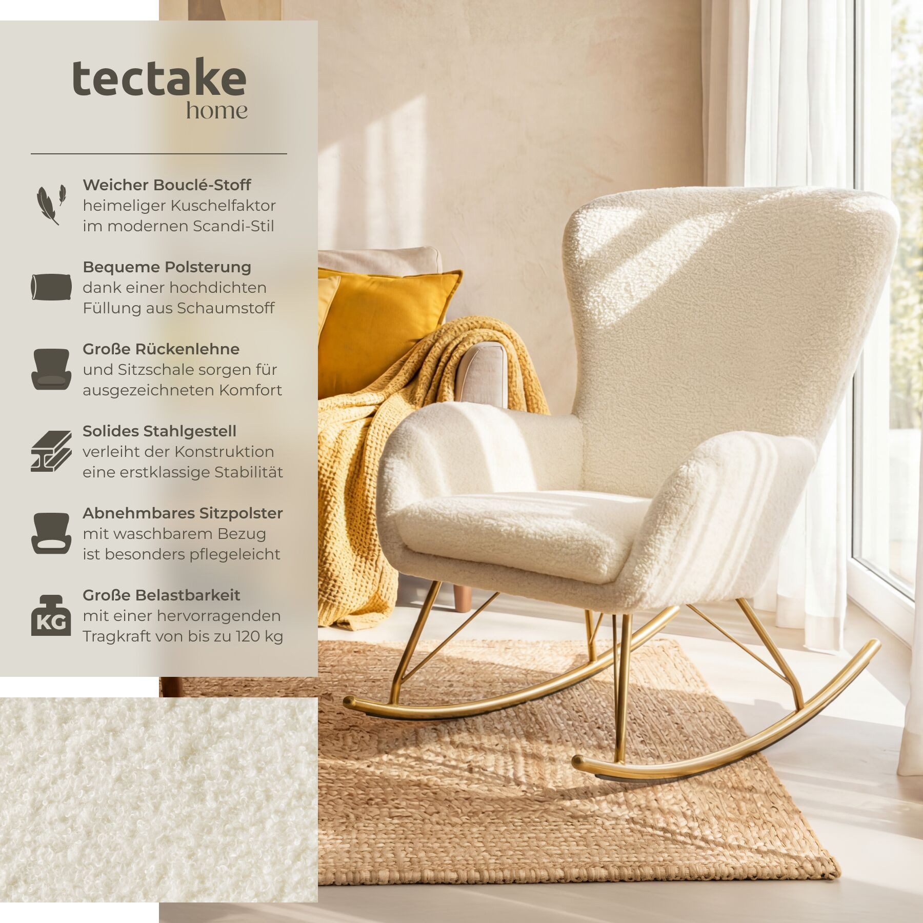 tectake Schaukelstuhl Sessel mit dicker Polsterung, Belastbarkeit 120 kg, 70 x 93 x 100 cm (Wippstuhl Swing, 1 St), Abnehmbares, extradickes Sitzpolster mit waschbarem Bezug