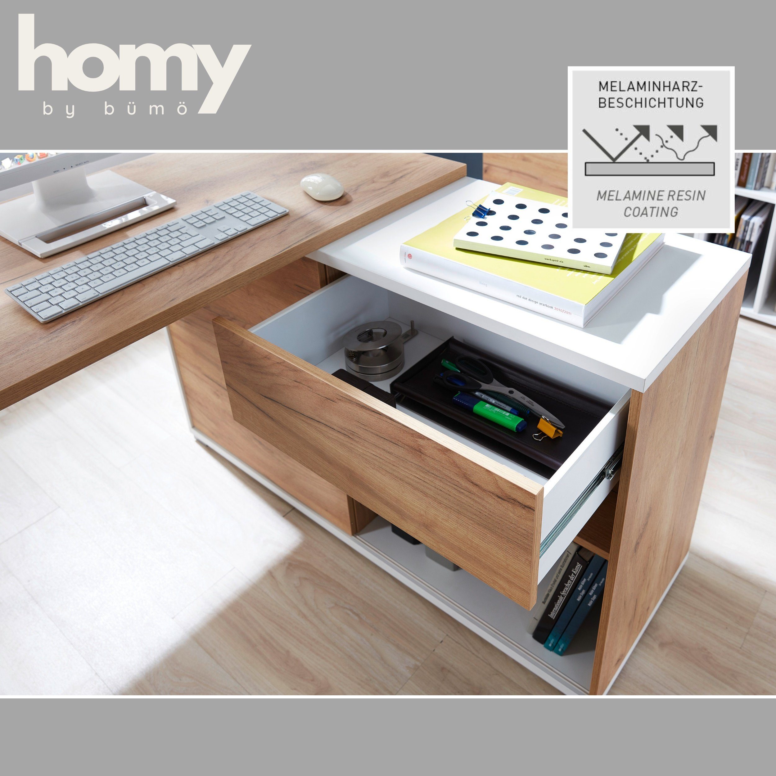 Schreibtisch Schublade 4 1 & in Sideboard bümö mit Weiß-Eiche, Homy, Regalfächer