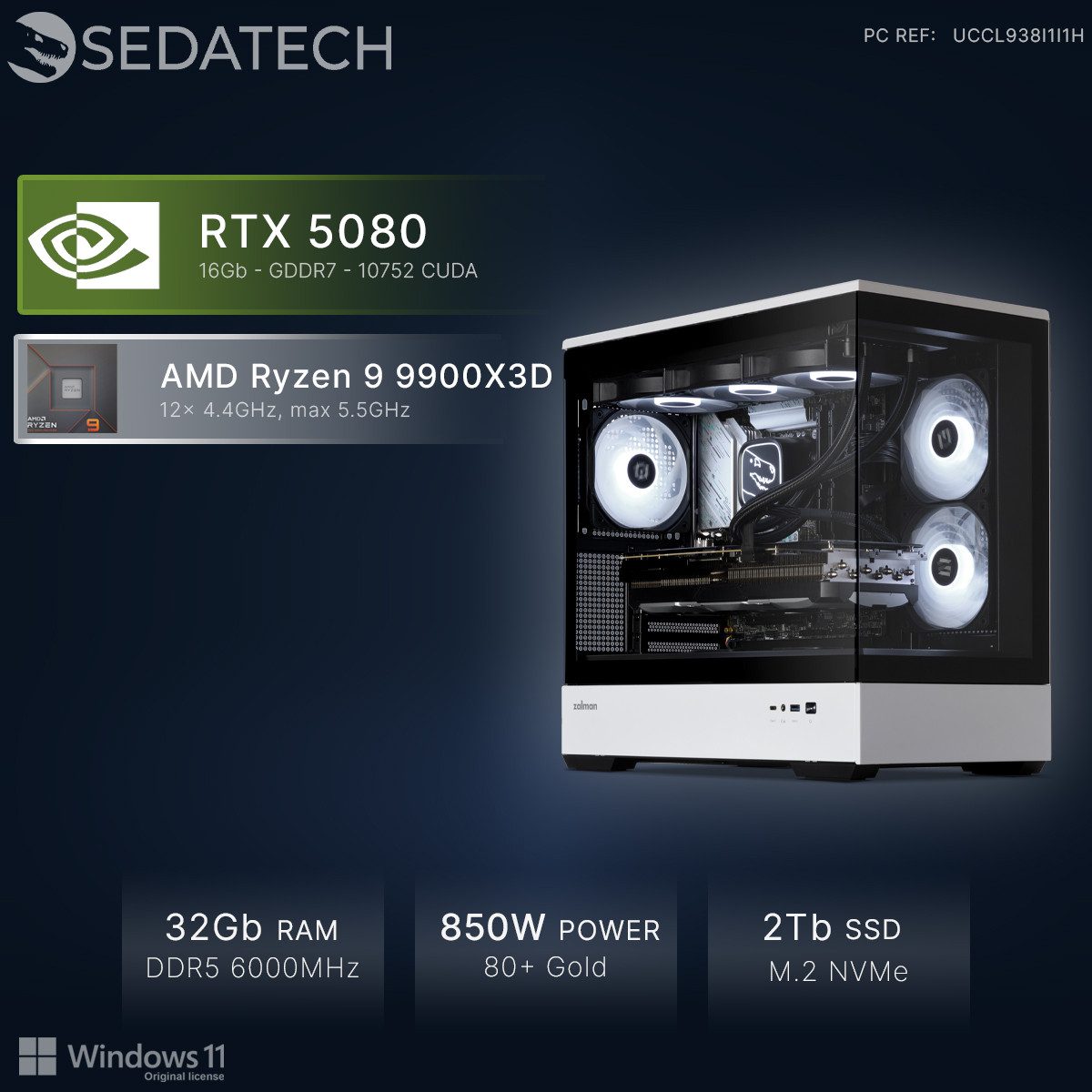 Sedatech UCCL938I1I1HF - Watercooling Gaming-PC (AMD Ryzen 9 9900X3D 12x 4.4GHz (max 5.5GHz), Geforce RTX5080 16GB, 32 GB RAM, 2000 GB SSD, Watercooling, Wlan 6E)