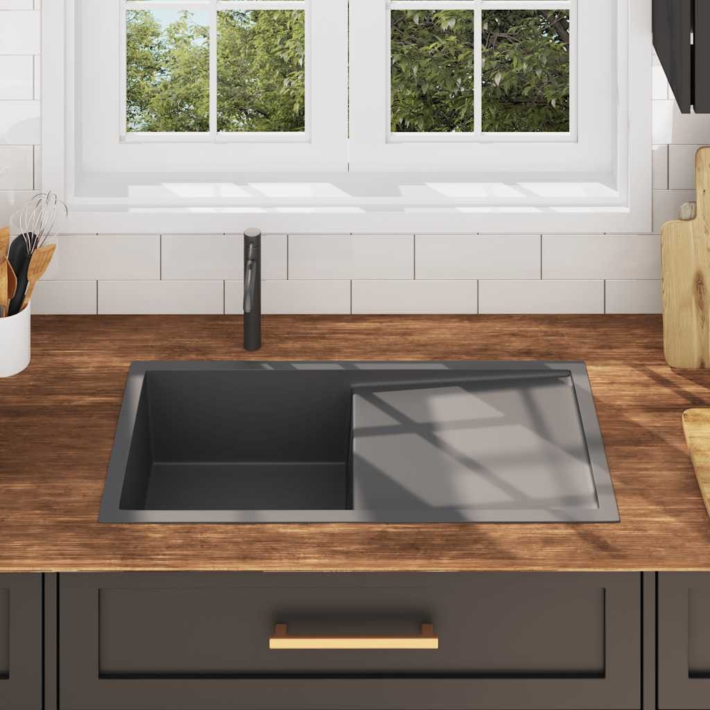 vidaXL Granitspüle Handgefertigte Küchenspüle Schwarz Edelstahl, 44/87 cm – Bild 3 von 5