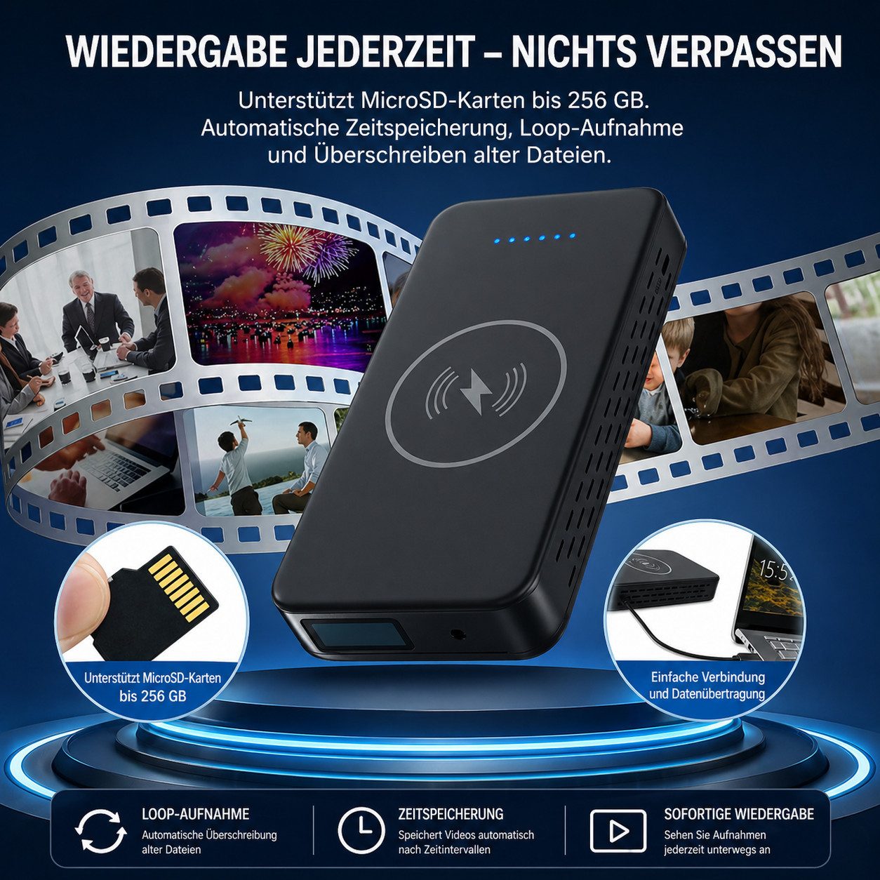 SpionProfi Überwachungskamera 128GB 2k Powerbank Mini Kamera Video Ton Aufnahme Ladestation Cam (Außenbereich (muss überdacht sein), Innenbereich, 1-tlg., Versteckte Kamera Spycam Spion Mini mit Nachtsicht & Bewegungsmelder)