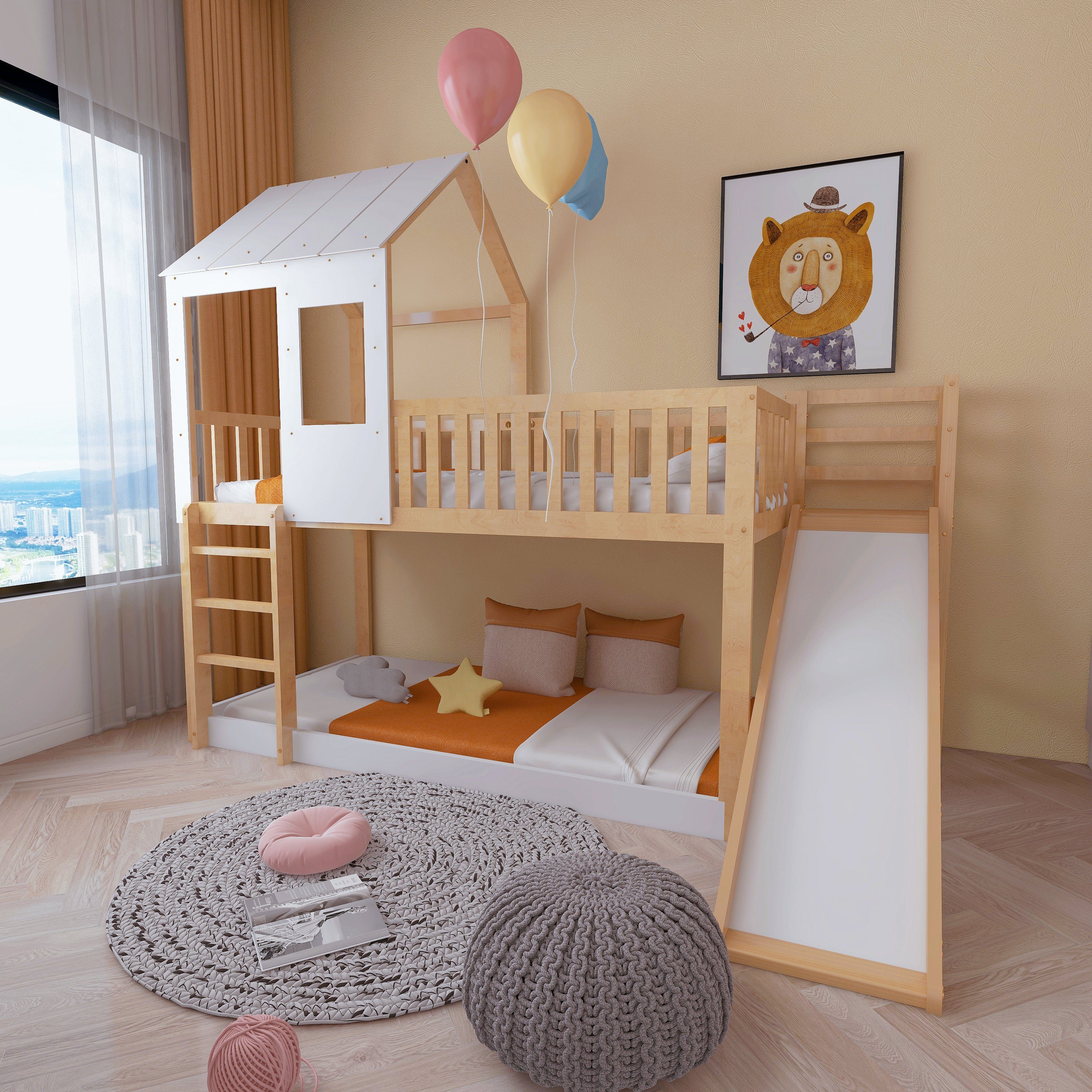 WISHDOR Etagenbett Kinderbett Rutsche), mit und Einzelbett Dach Fallschutz und Gästebett Matratze Fenster, Hausbett Ohne und Gitter, rechtwinkliger Etagenbett (mit Leiter