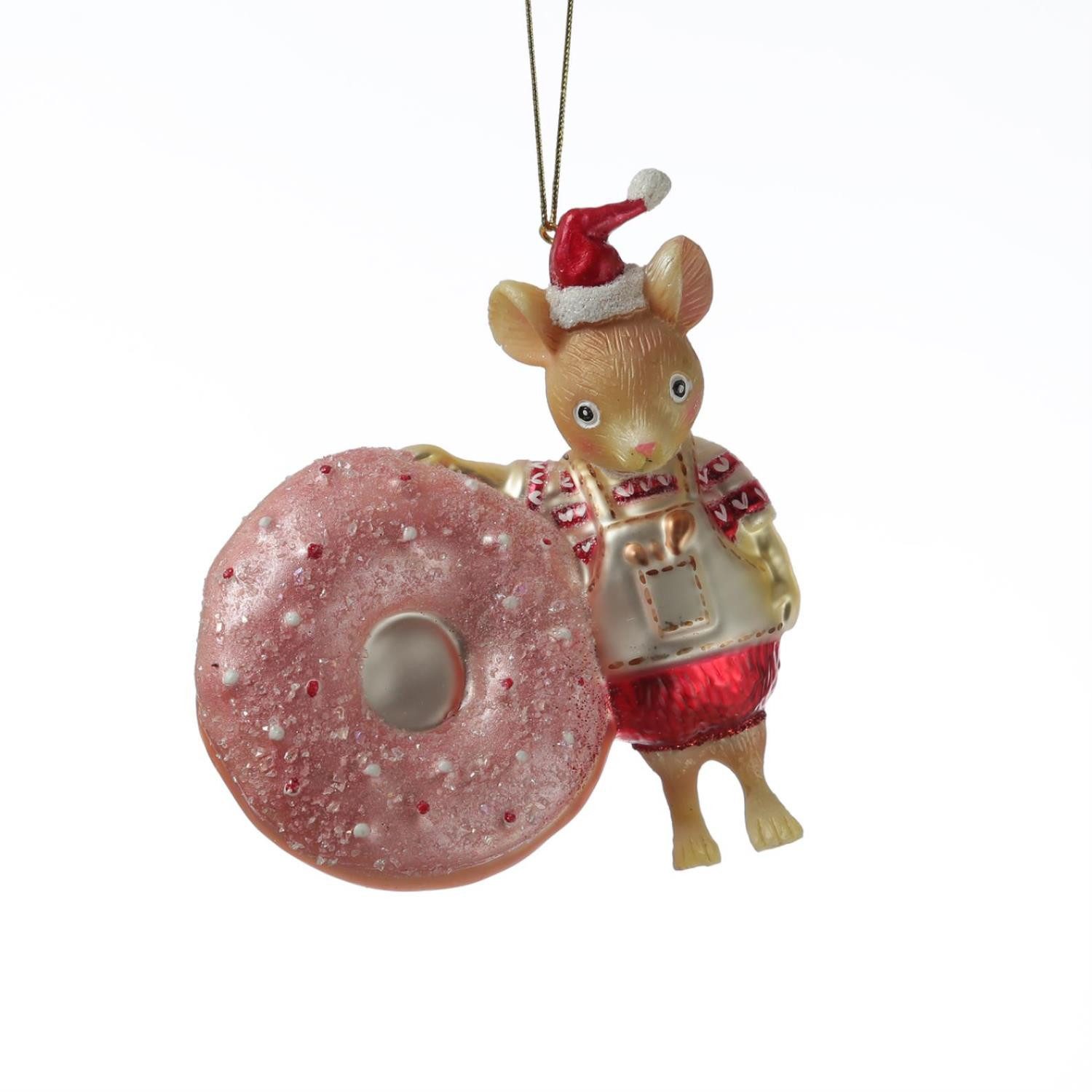 MARELIDA Christbaumschmuck Weihnachtsbaumschmuck Maus mit Donut Weihnachtsbäckerei Glas H: 11,5cm