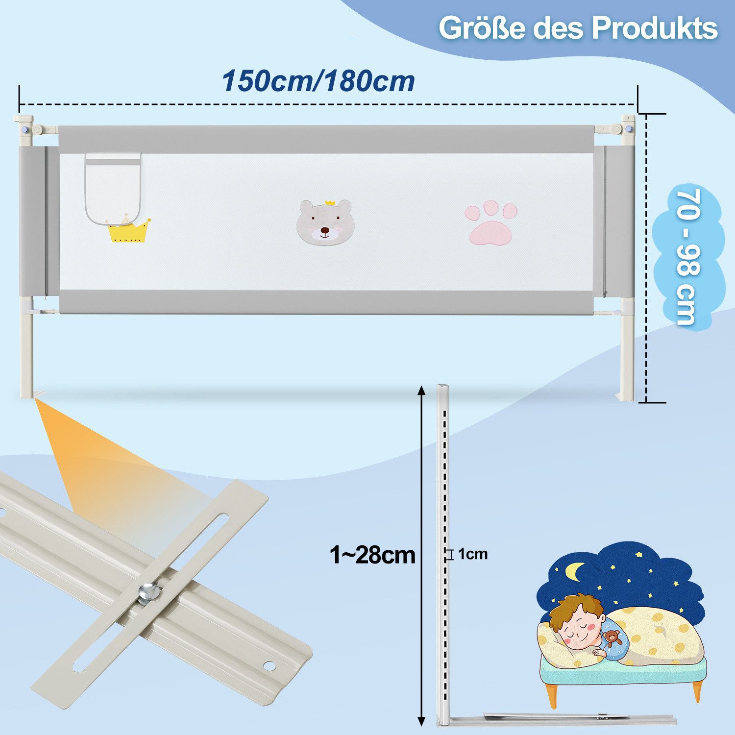 Clanmacy Bettschutzgitter 3X Bettgitter Bettschutzgitter Kinderbettgitter Kinder Baby Bettschutz (150+180+180CM, 3 St), aus Metall