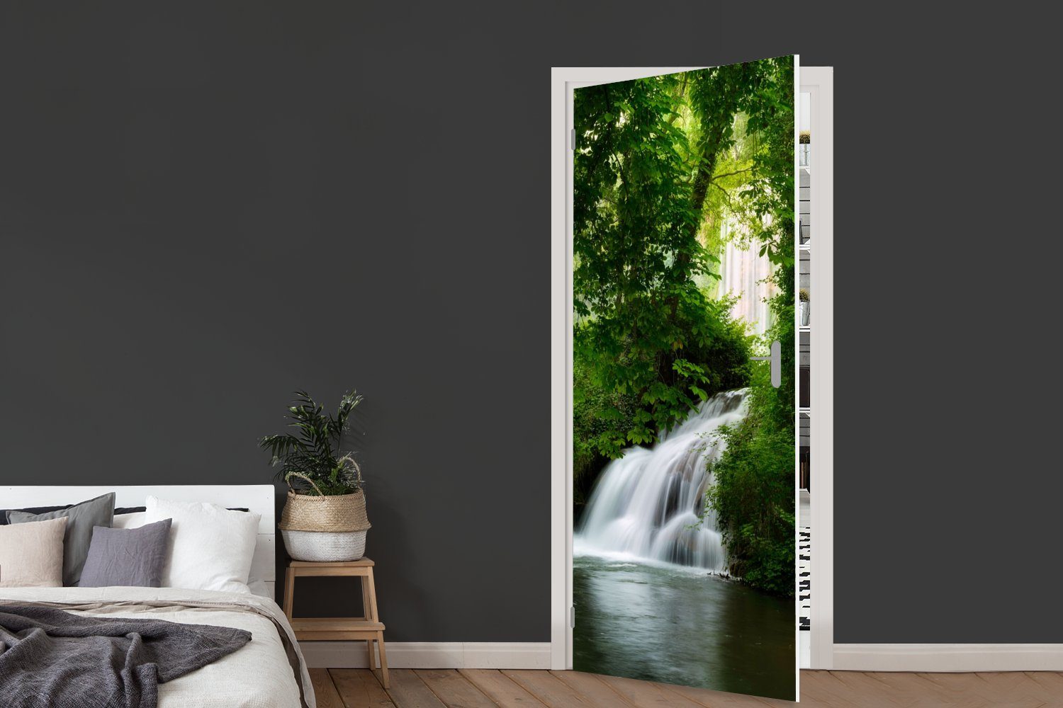 MuchoWow Türtapete Wasserfall - Natur - Grün, Matt, bedruckt, (1 St), Selbstklebende Tapete, Folie für Möbel, 75x205 cm – Bild 5 von 5