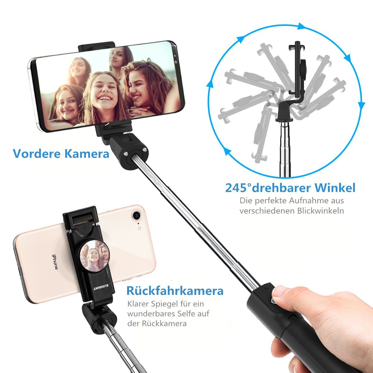 Selfiestick (Bluetooth mit Stick 20-70cm Insma Rückspiegel Fernbedienung) Stativ EGS-003 Selfie