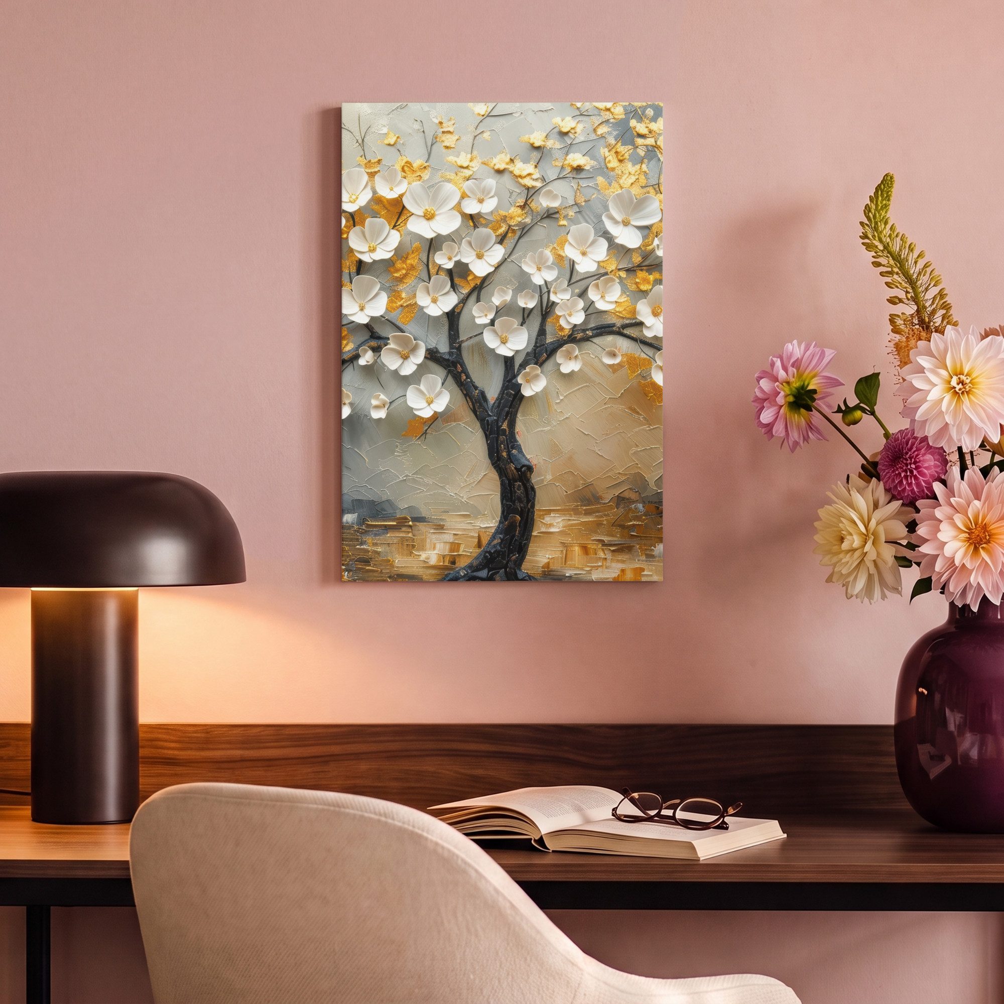 OneMillionCanvasses® Leinwandbild Baum - Blumen - Gold - Beige, Fotodruck (1 St), Leinwand Bilder Klein, Wand Dekoration Aesthetic 30x20 cm – Bild 4 von 5