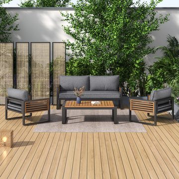 WISHDOR Gartenlounge-Set Gartenmöbel-Set mit Eisenrahmen, (1x2-Sitzer-Sofa, 2x Einzelstühle, 1x Tisch), Graue, dekorative Armlehnen aus Holz