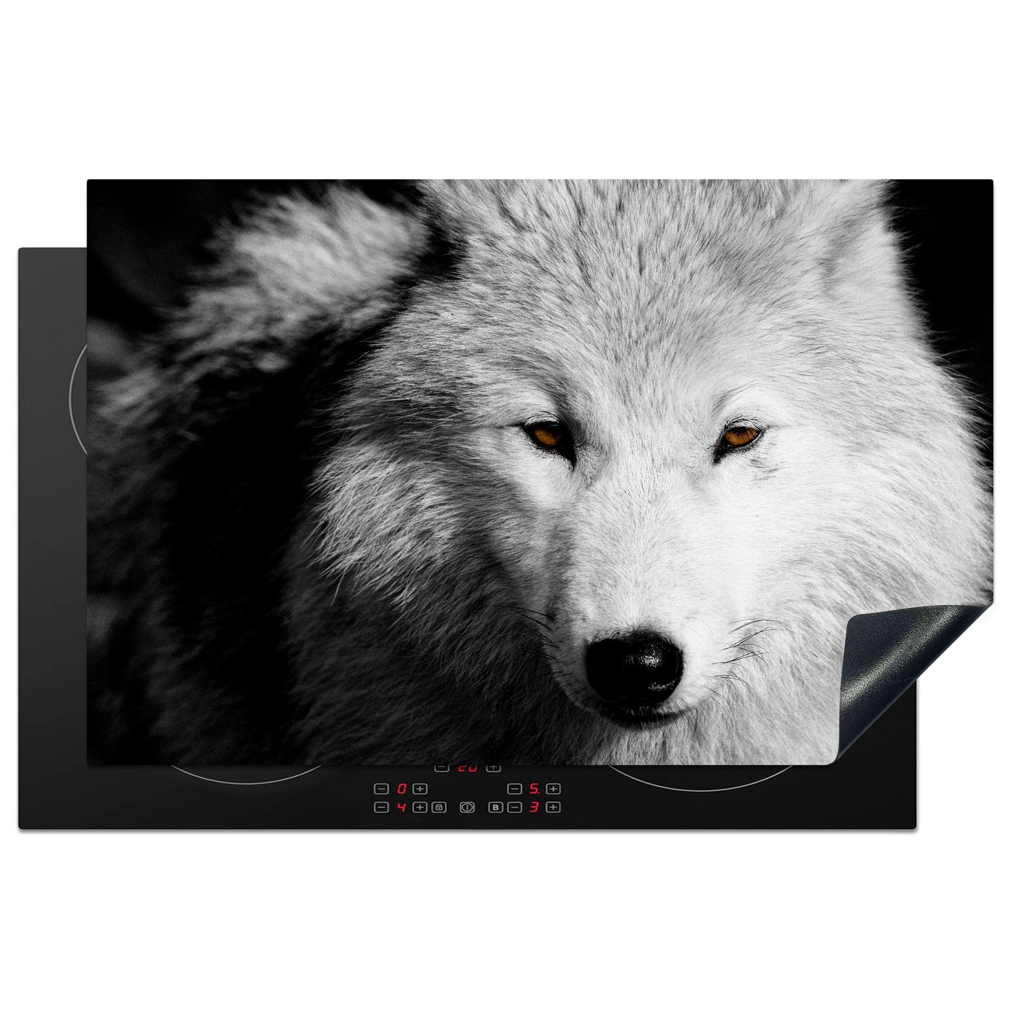 MuchoWow Herdblende-/Abdeckplatte In der Nähe Ansicht Wolf in Schwarz und Weiß, Vinyl, (1 tlg), 81x52 cm, Induktionskochfeld Schutz für die küche, Ceranfeldabdeckung