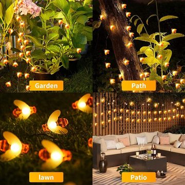 Gontence LED-Lichterkette 5m 20 Bienen Solar Bienenlichterkette außen, 20-flammig, Beleuchtung für Garten Terrasse Bäume, Warmweiß, Balkon