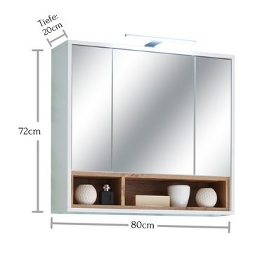 freiraum Badezimmerspiegelschrank Milano in Weiß-Wildeiche mit 3 Einlegeböden. Abmessungen (BxHxT) 80x72x21 cm