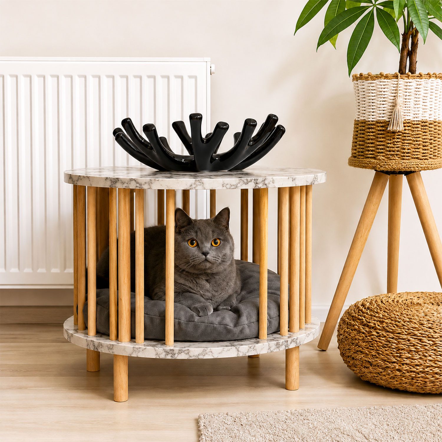 Jungengel Couchtisch Modern mit Katzenhöhle Katzenhaus Beistelltisch Rund Holz Sofatisch (Einzelartikel, 1 Katzenhöhlen-Beistelltisch & 1 Katzenkissen), 2-in-1 Katzenhöhle und Beistelltisch mit Kissen - 4x Varianten