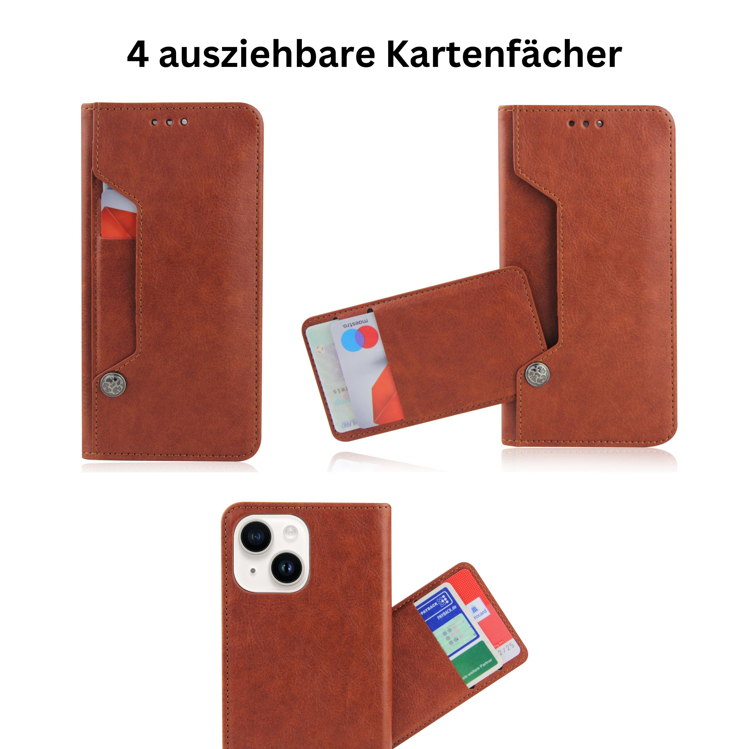 Frentree Handyhülle aus echtem Leder für iPhone 12, 13, 14, Magnetverschluss mit 4 Kartenfächern & 2 Sichtfenstern, Handy-Ständer