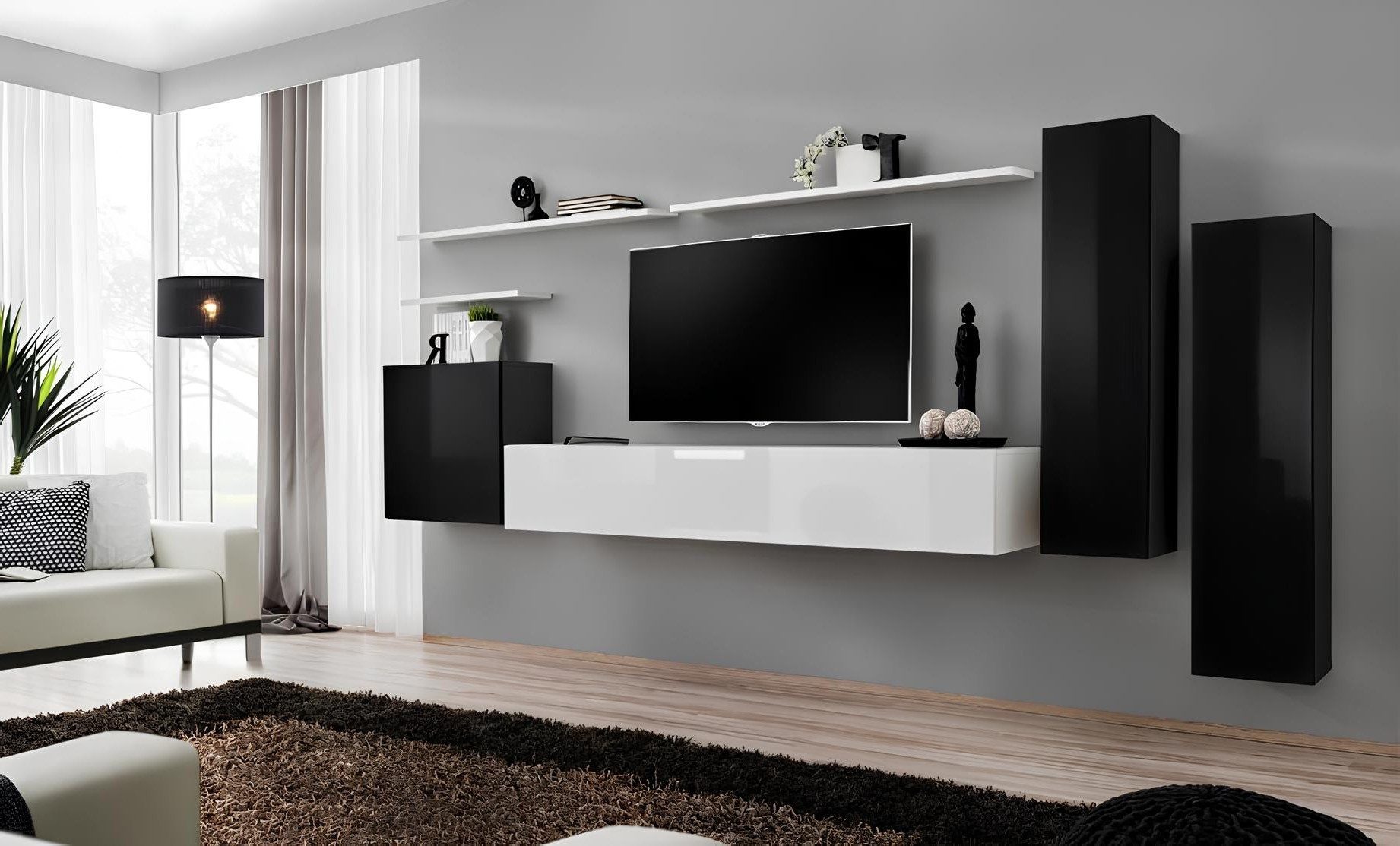 Xlmoebel Wohnwand 7-teiliges TV-Ständer Set mit Designer Sideboard und Wandregal, Made in Europa