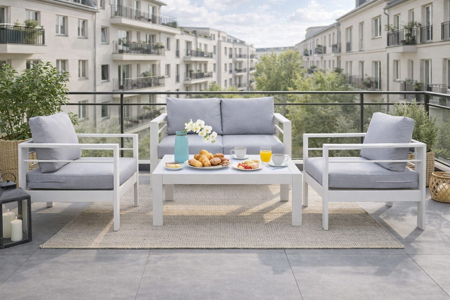 MeXo Gartenlounge-Set XXL Gartenmöbel Set Aluminium Outdoor, (Weiß, Balkonmöbel für Kleinen Balkon, 4-tlg., 1×2-Sitzer Sofa, 2×Sessel, 1×Tisch, 8×Auflagen), Wetterfest Sitzgruppe Essgruppe Gartengarnitur für 3-4 Personen