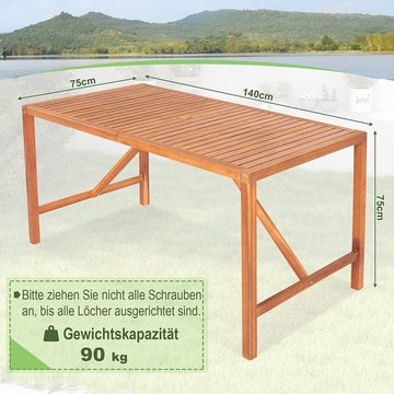 COSTWAY Gartentisch, mit Schirmloch, Akazienholz für 6-8 Personen 140x75x75cm
