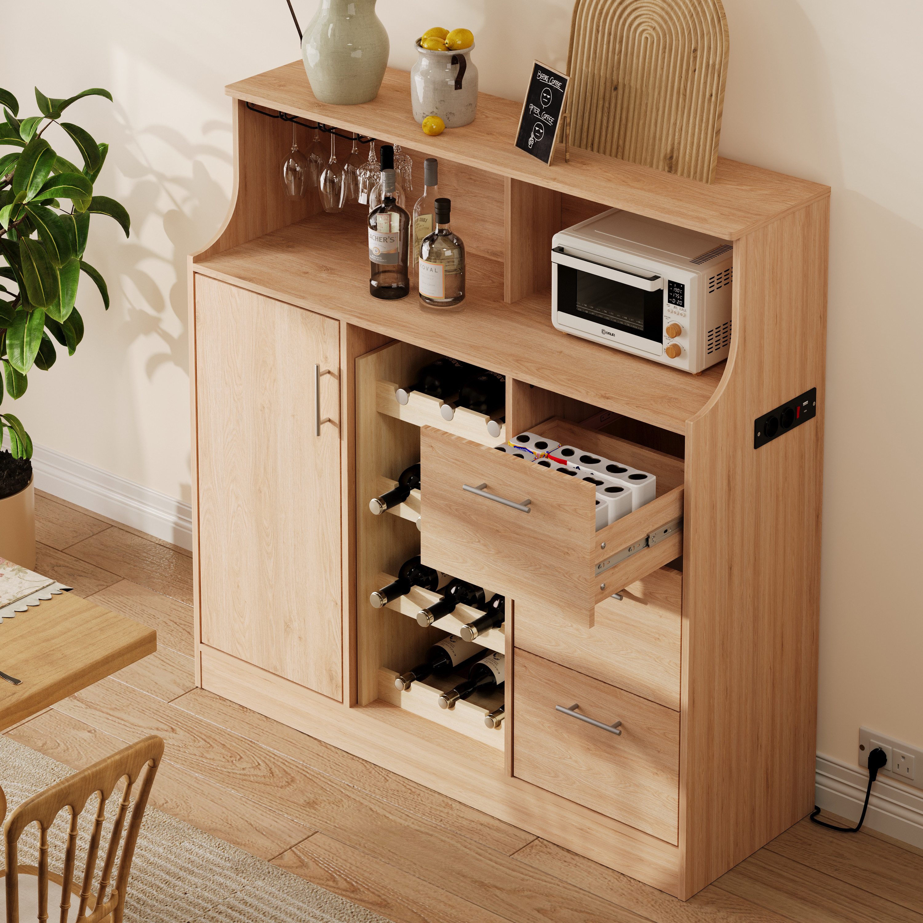REDOM Sideboard LED-Bar-Sideboard mit integrierten Steckdosen & Gläserhaltern (120x121x40 cm, 1 St., Weinregal & mehrere Staufächer für Geschirr & Zubehör), Ideal als Theke & Aufbewahrung in Küche, Bar & Bistro