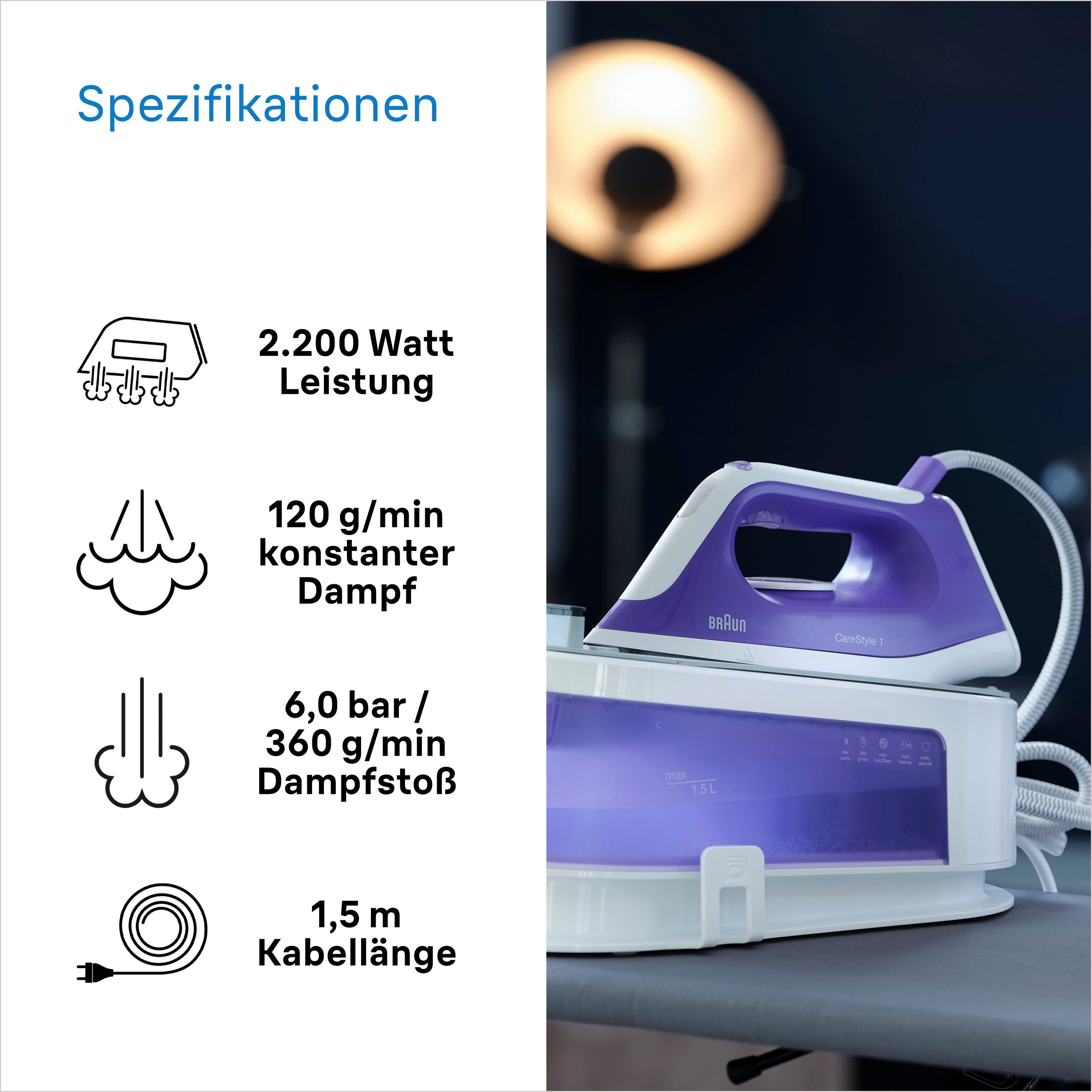 Braun Dampfbügelstation CareStyle 1 IS 1014 VI - 6,0 bar, 360 g Dampfstoß, 1,5 l Wassertank, 1500 ml Wassertank, 120 g Dampfmenge, SuperCeramic Bügelsohle, Easy CalcClean Entkalkung