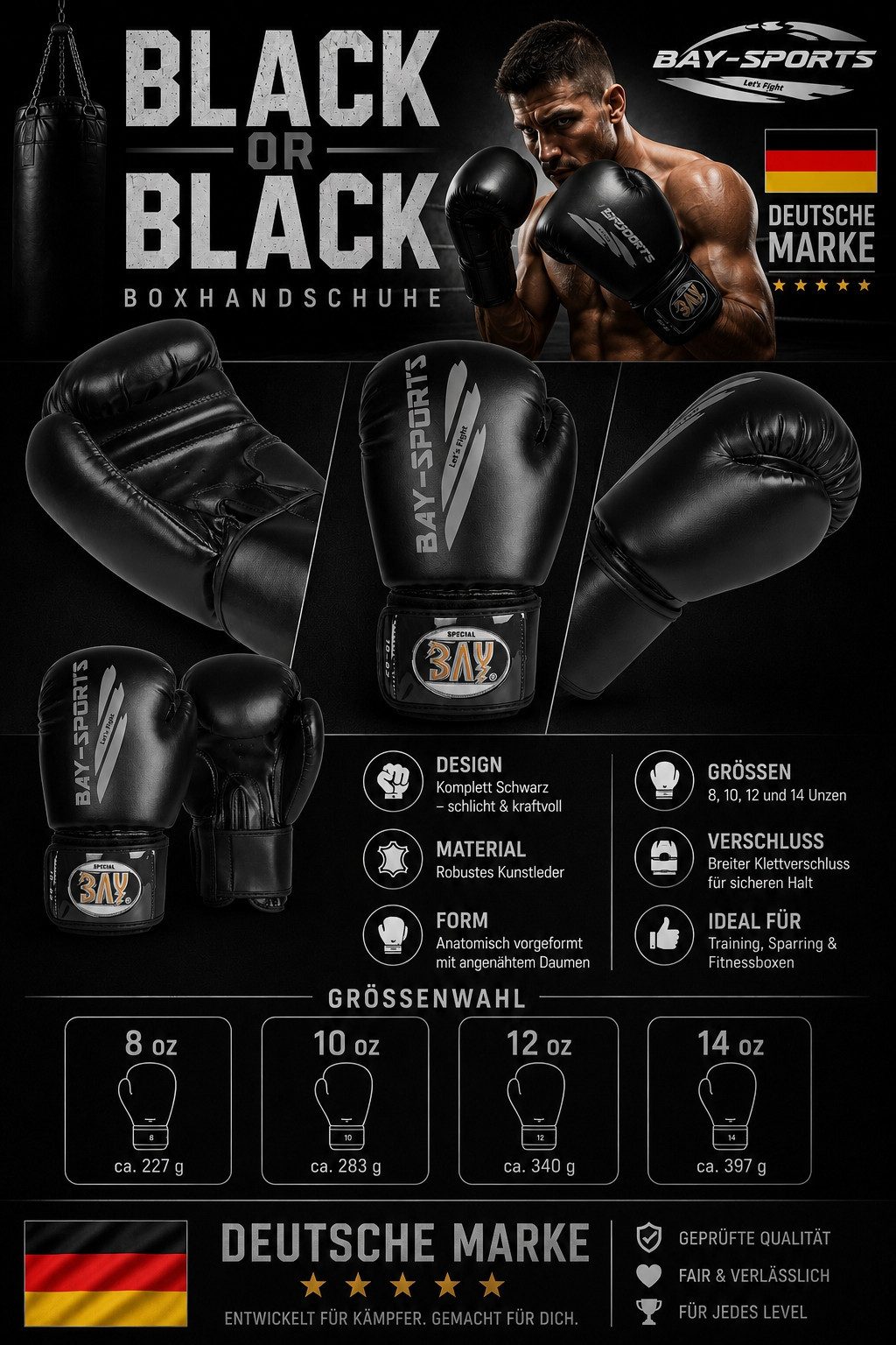 BAY-Sports Boxhandschuhe Black ore Black Box-Handschuhe schwarz grau Boxen Kickboxen Thaiboxen (Paar), Tolle Farbkombination, 8, 10, 12, 14 Unzen, Training und Wettkampf