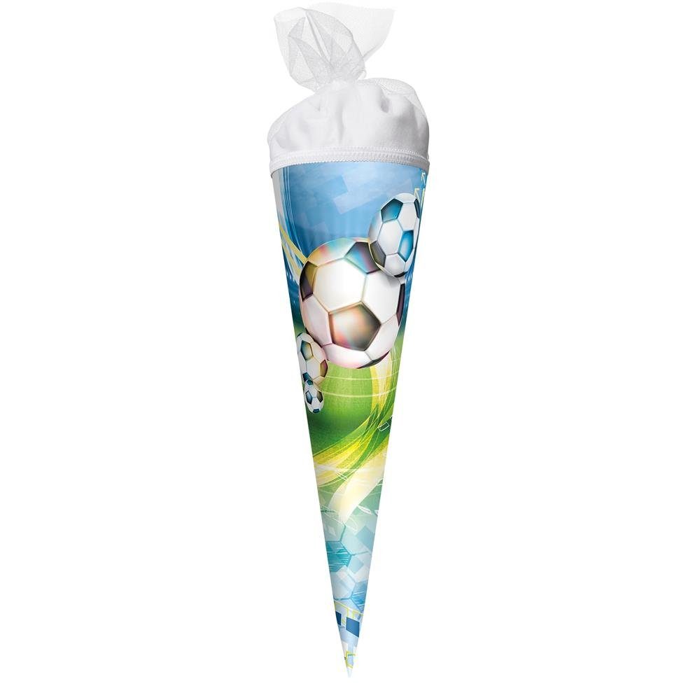 Roth Schultüte Fußball, 50 cm, rund, mit weißem Tüllverschluss, Zuckertüte für Schulanfang