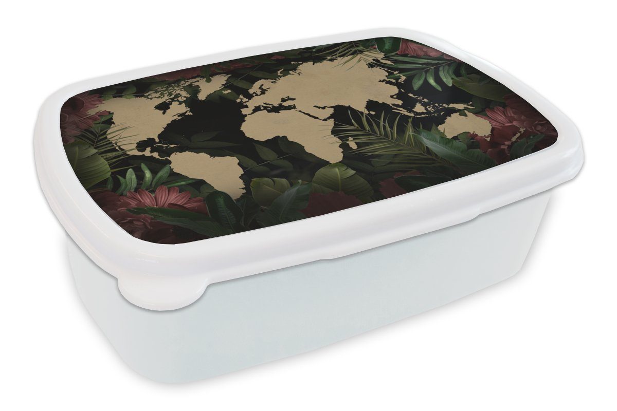 MuchoWow Lunchbox Weltkarte - Braun - Tropische Pflanzen, Kunststoff, (2-tlg), Brotbox für Kinder und Erwachsene, Brotdose, für Jungs und Mädchen weiß