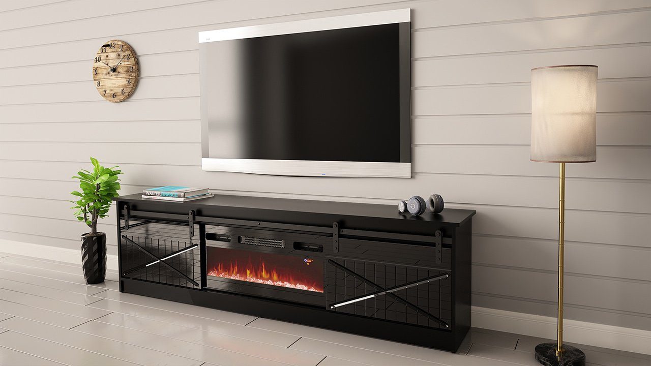 Mirjan24 TV-Schrank Granero 200 mit Kamin (mit 2 Schiebetüren) 200x35x57 cm, Realistische LED-Flamme Schwarz / Schwarz Hochglanz